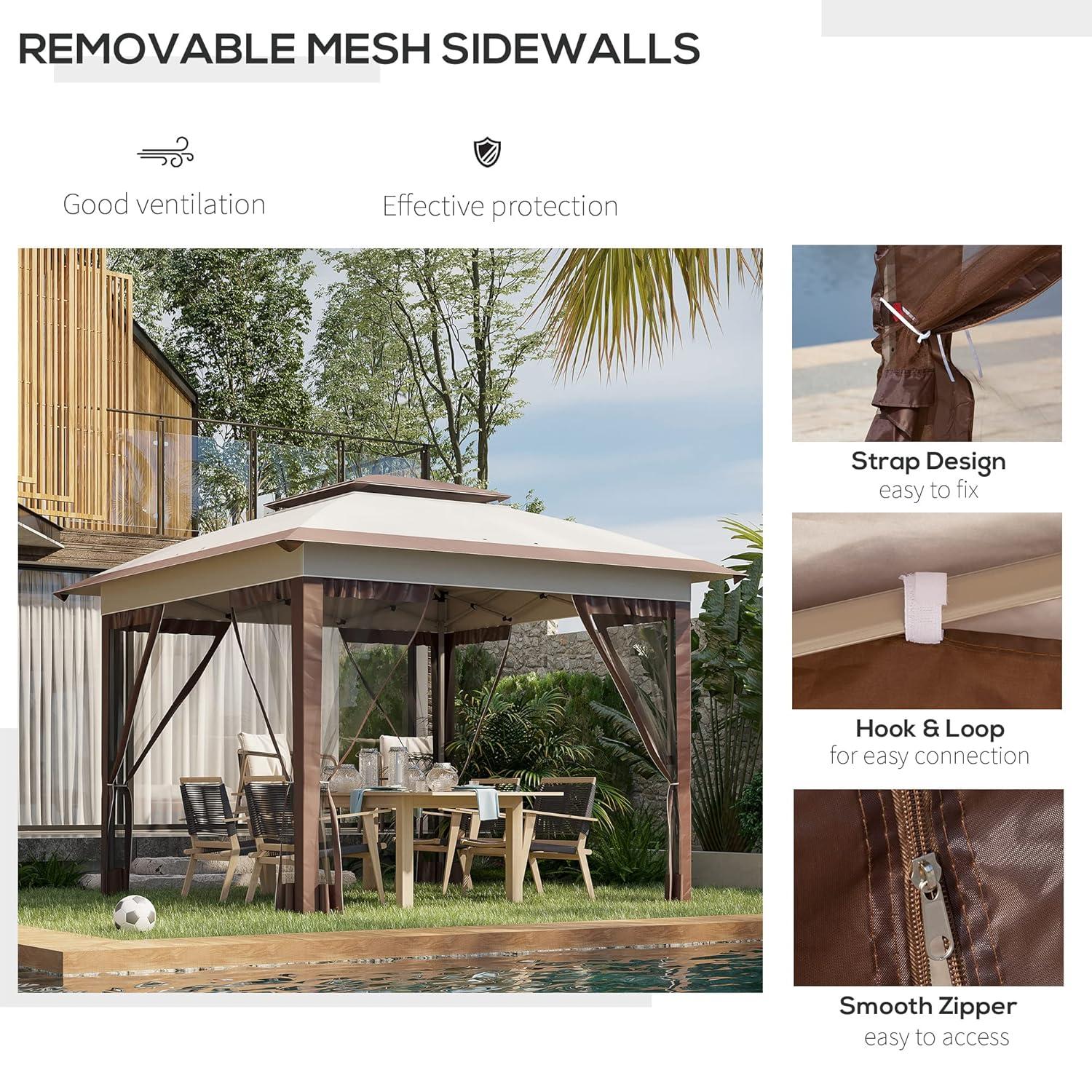 Outsunny 12' x 12' Pop Up Canopy Heavy Duty Sun Shade Instant Tent Folding with Center Lift Hook Design, 3-Level Adjustable Height, Beige