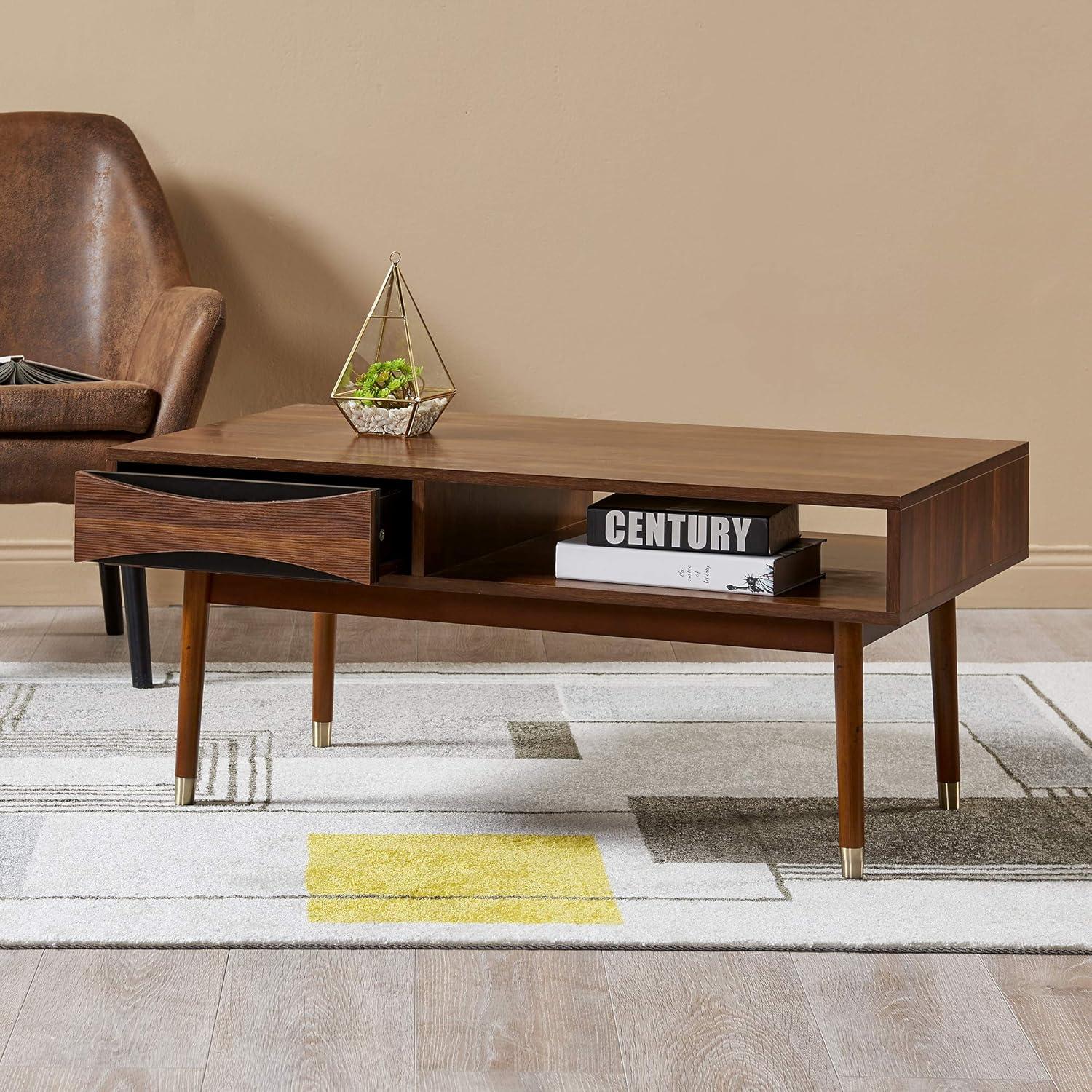 Dawson 40" Walnut Mid-Century Modern Coffee Table with Brass Accents