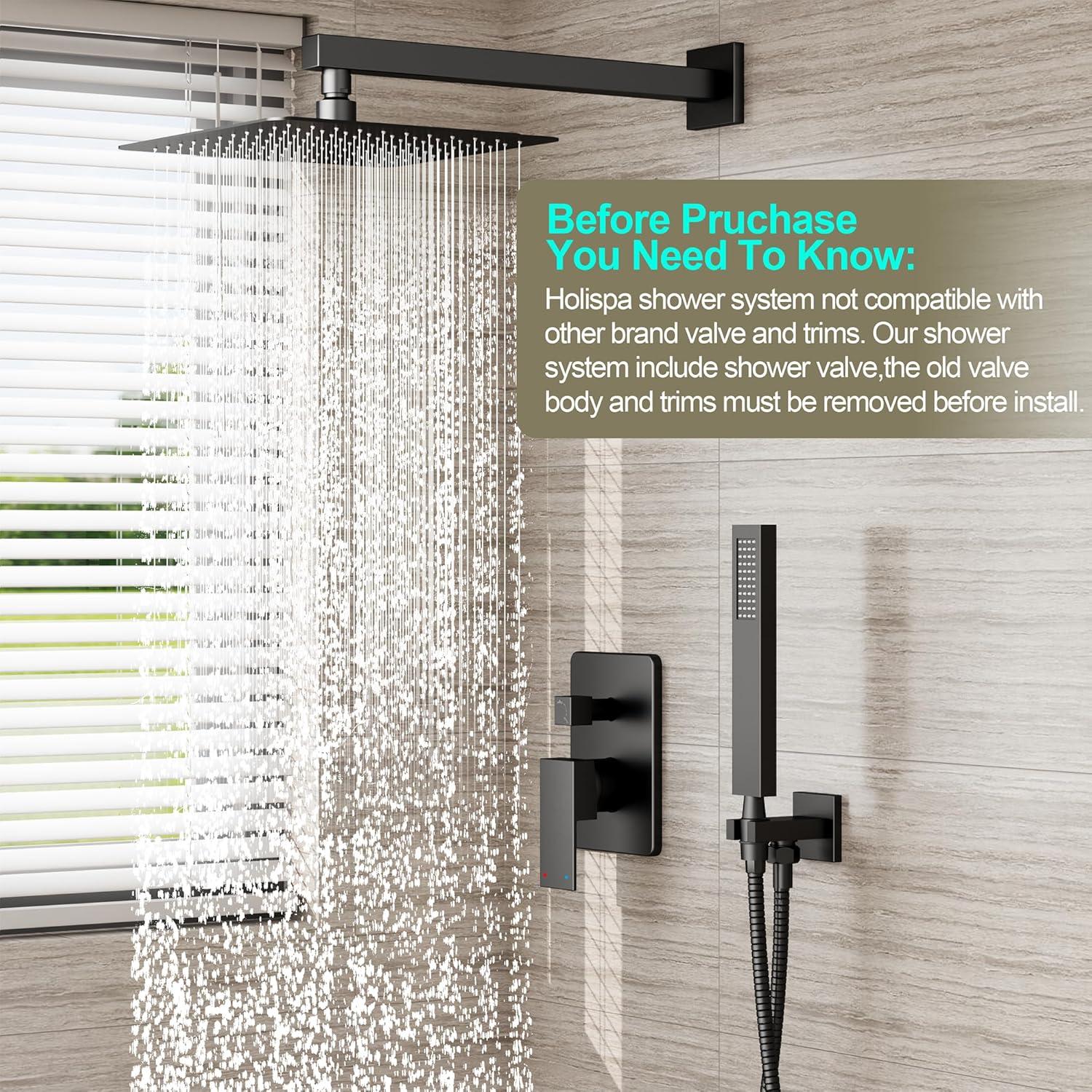 Shower Faucet Set 12" Matte Black Shower Head And Handle Set Rainfall Shower System with Square Rain Shower Head and High Pressure Handheld Spray