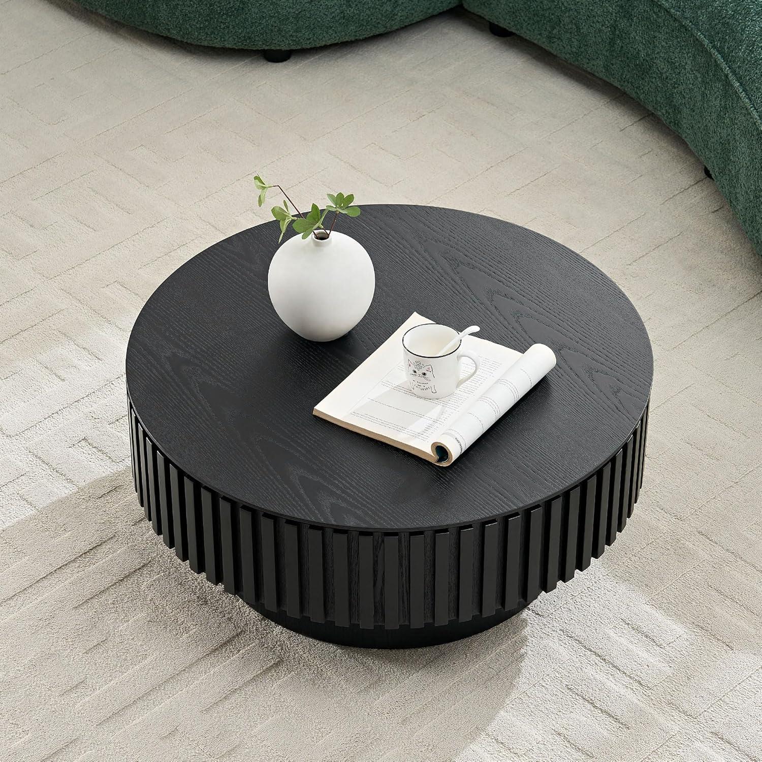 LUMISOL Round Coffee Table for Livng Room, Modern Handcraft Drum Center Table with Sturdy Pedestal, Fluted Circle End Table for Office, Apartment, Small Space, Black