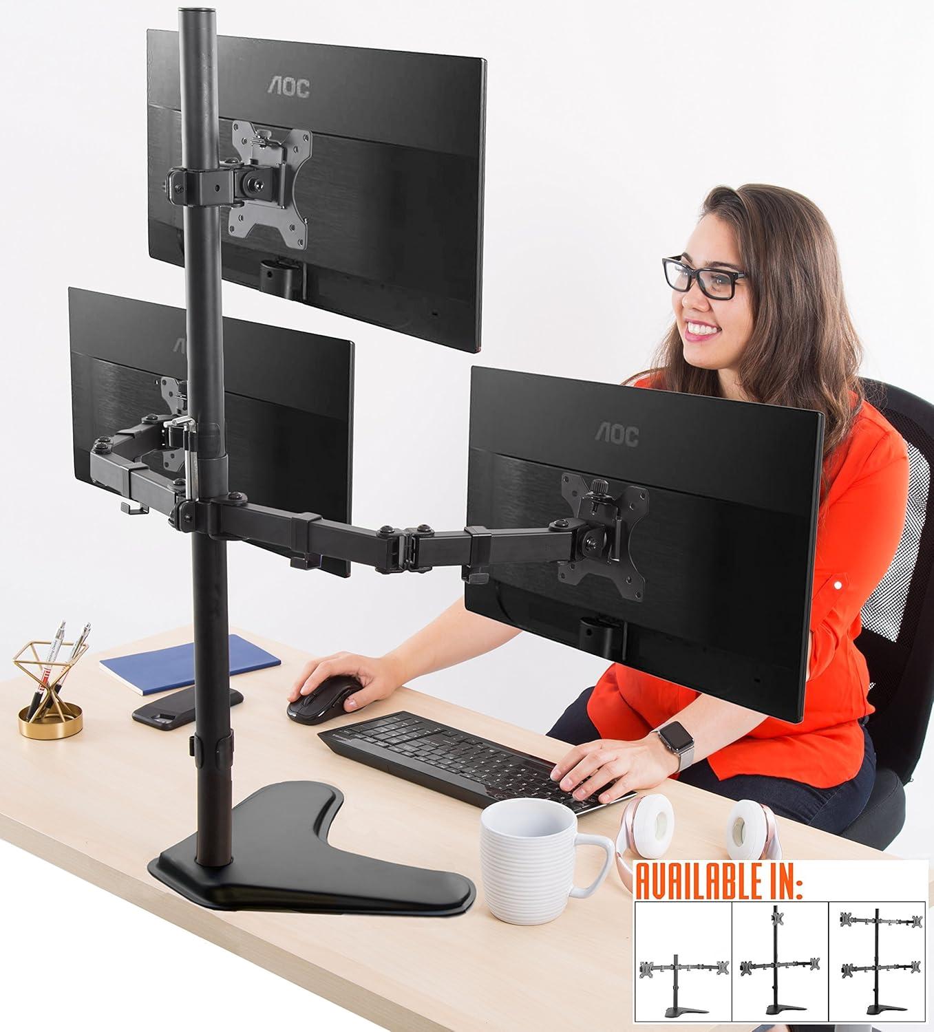 Triple Monitor Mount – Freestanding Monitor Arm with 3 Adjustable VESA Mounts – Black – Stand Steady