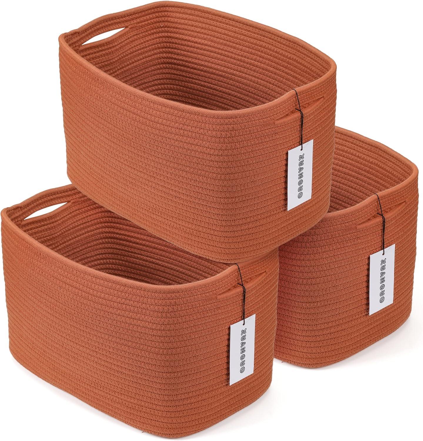 Cotton Rope Storage Basket Bins Woven Basket For Organizing Shelves Rectangle Decorative Baskets For Storage Clothes Toys Books Towels Square Wicker Nursery Basket Organizer 3 Pack Rust (Set of 3)