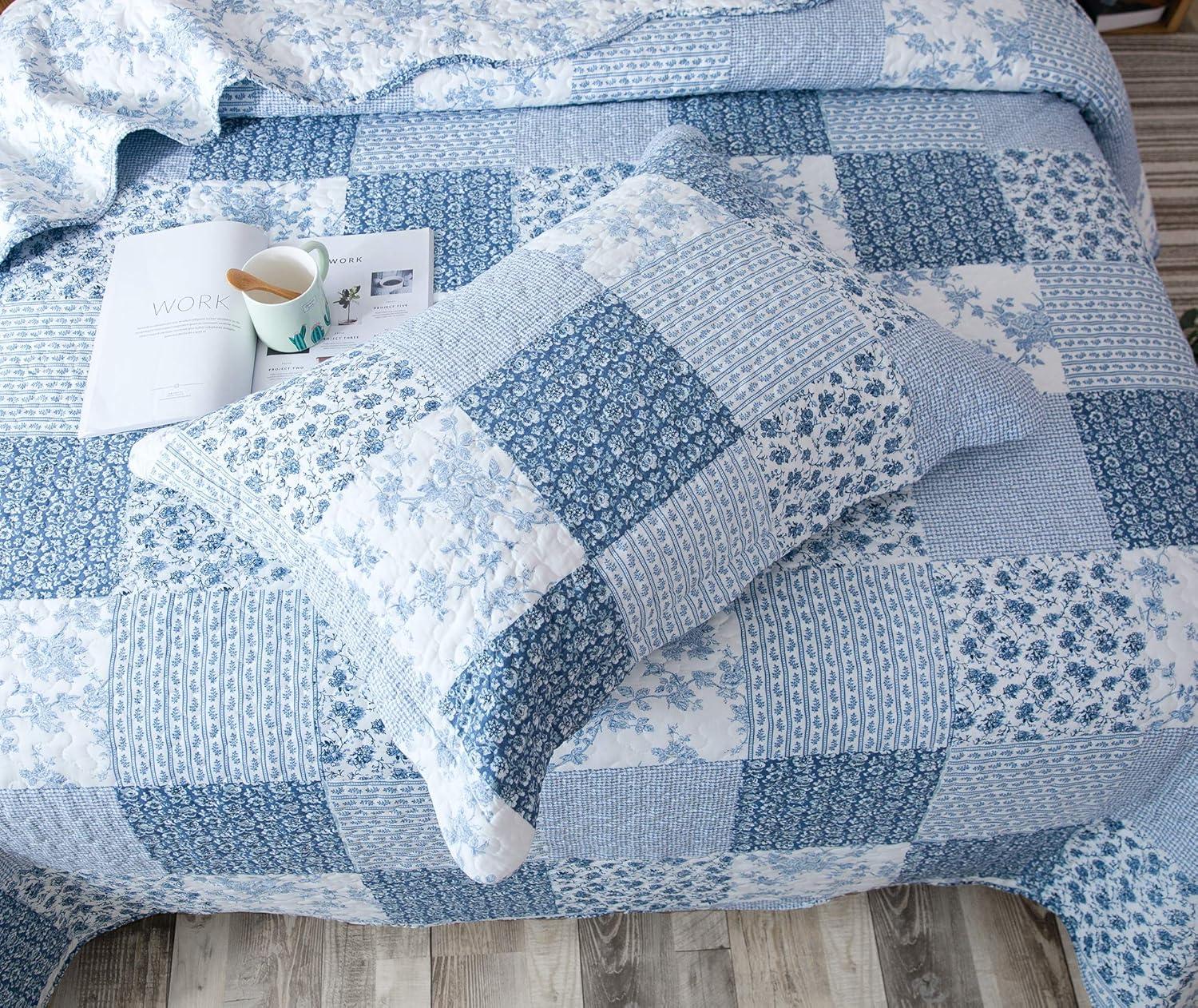 King Blue Microfiber Patchwork Quilt Set