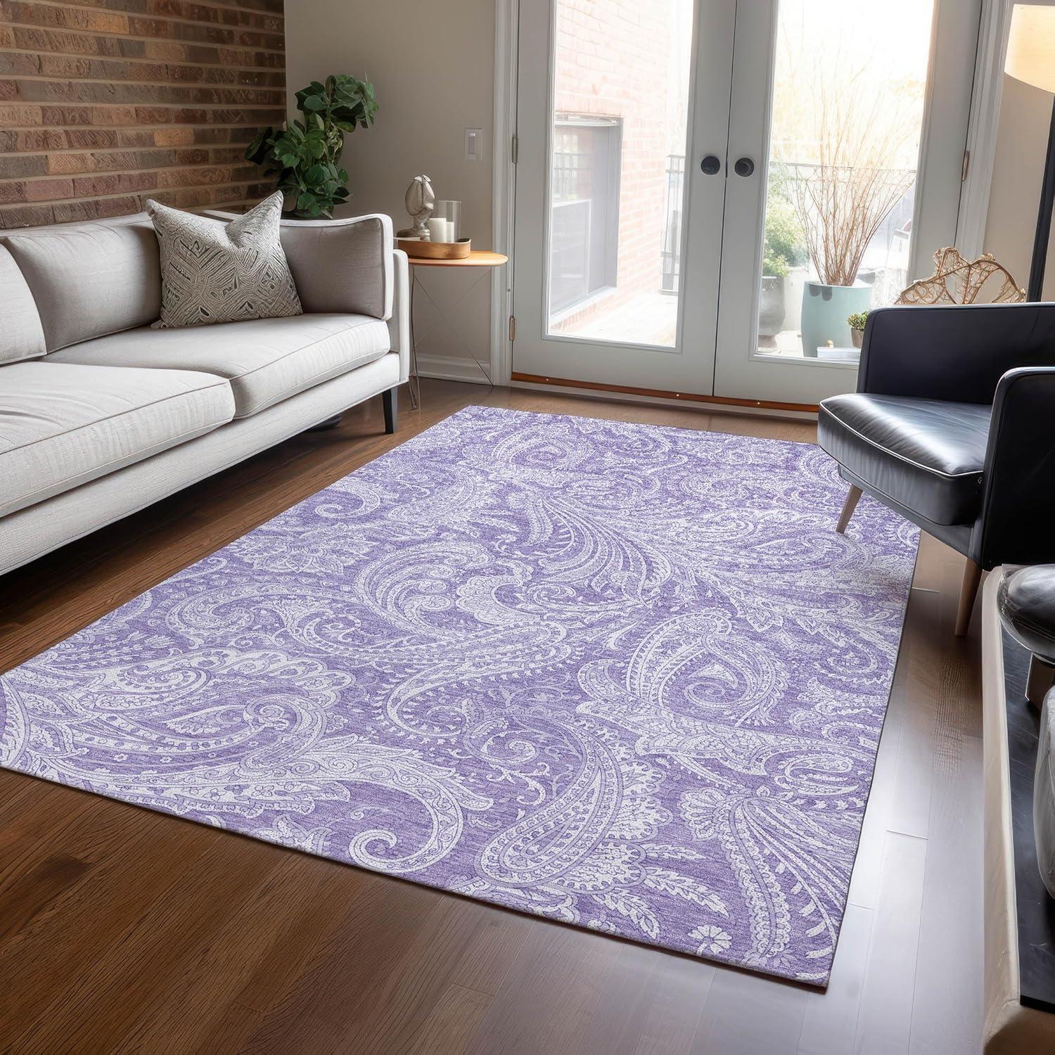 Lavender Paisley Synthetic Washable 5' x 7' Area Rug