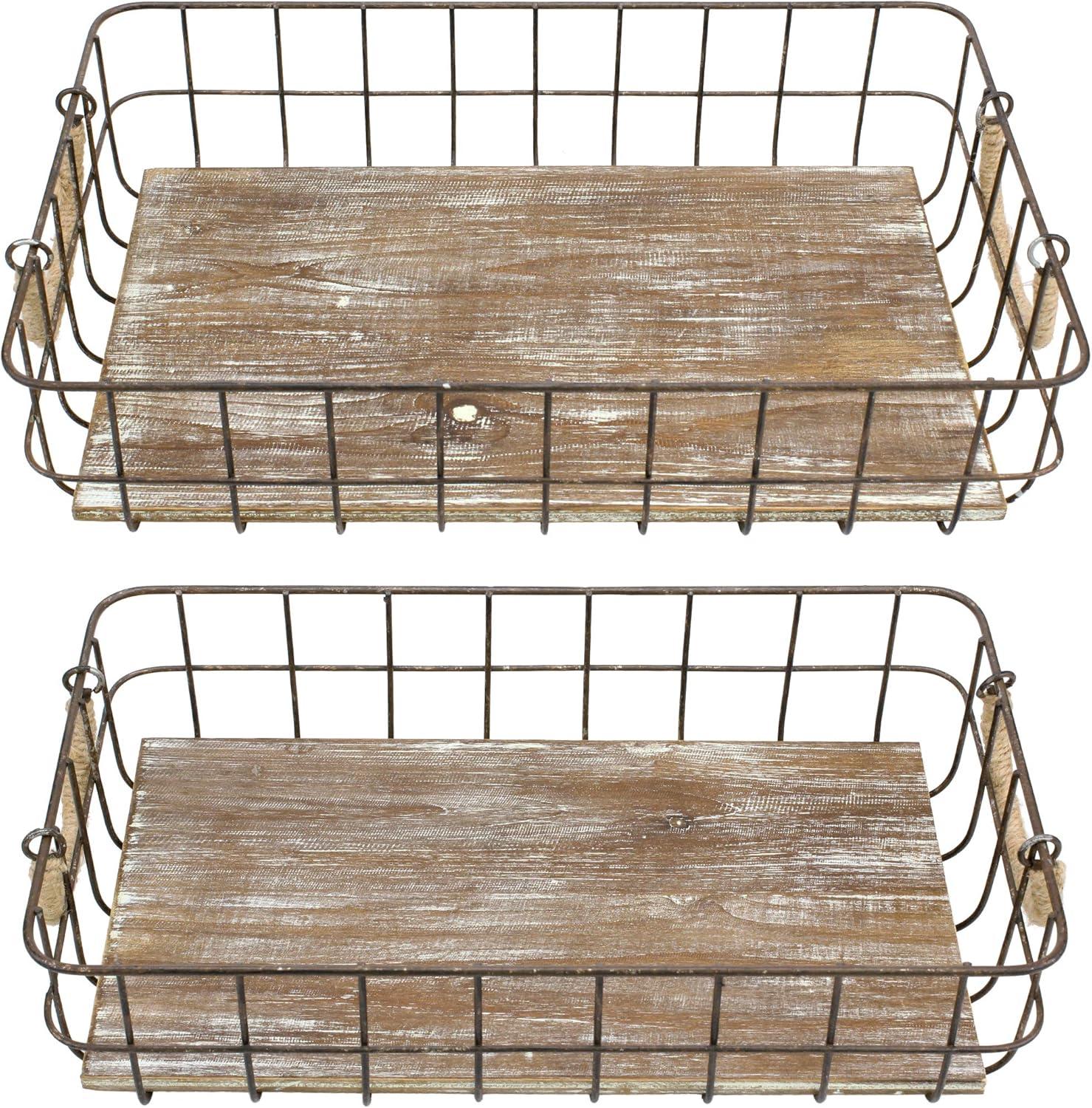 Rustic Woodgrain and Distressed Metal Rectangular Basket Duo