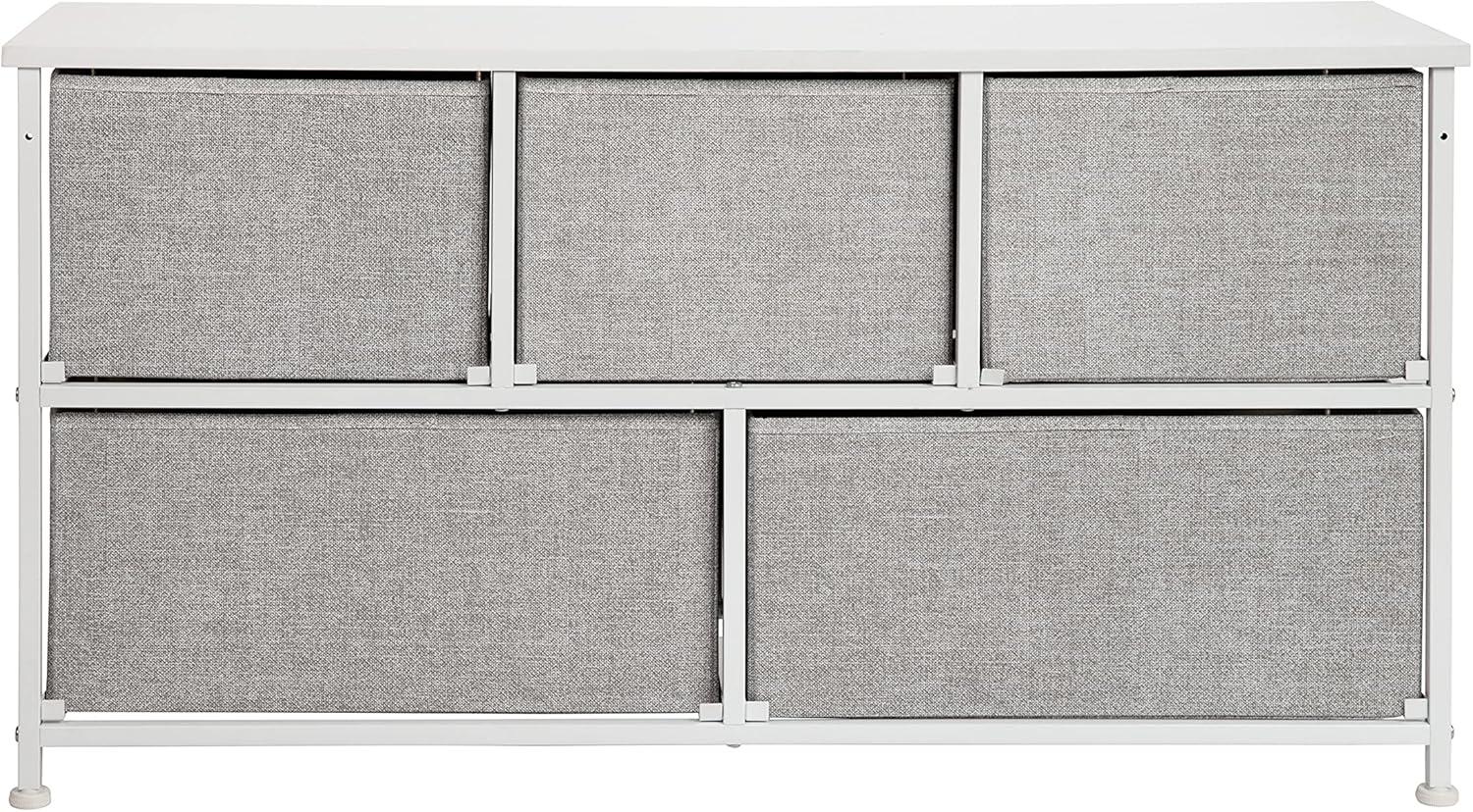 Flash Furniture 5 Drawer Wood Top White Cast Iron Frame Vertical Storage Dresser with Light Gray Easy Pull Fabric Drawers