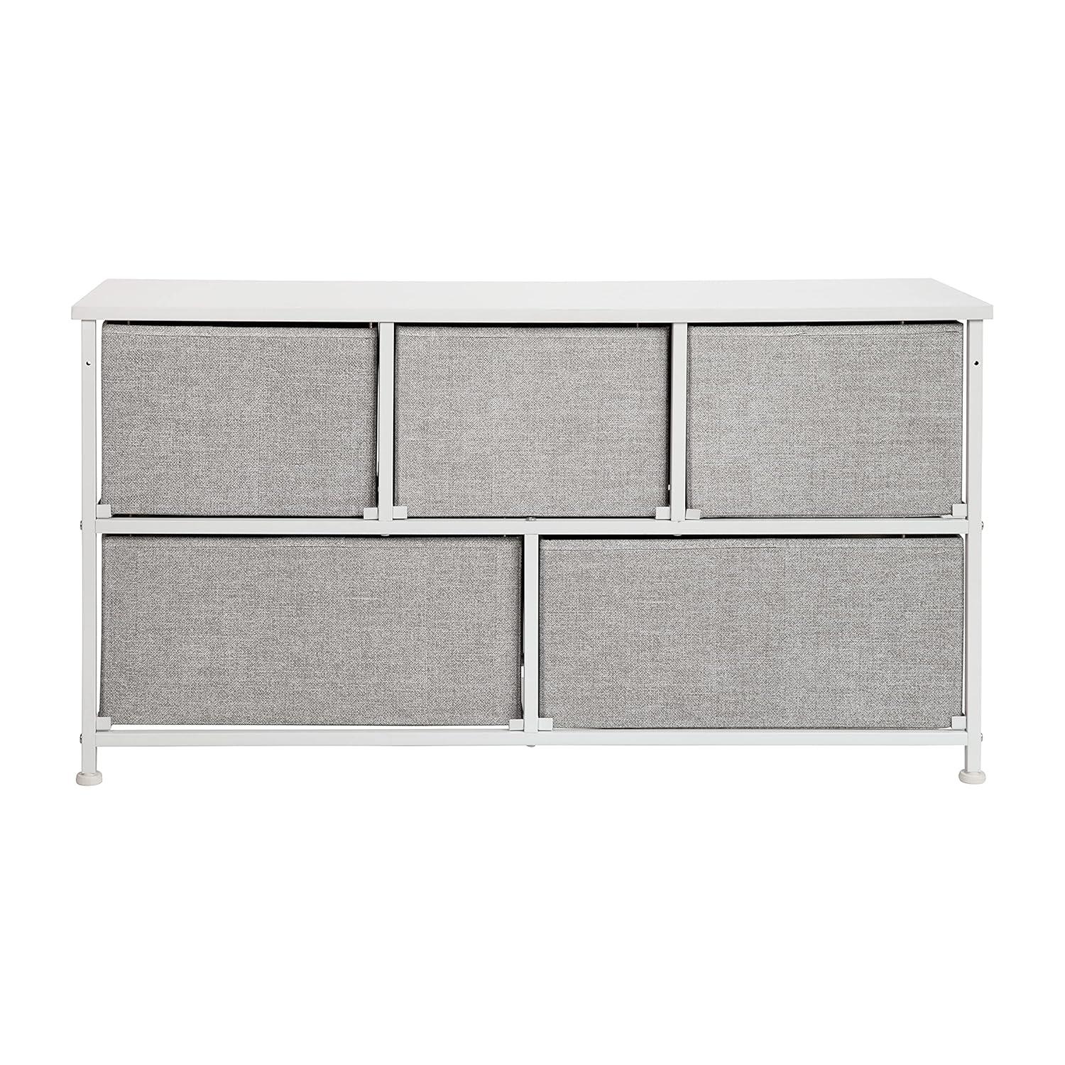 Flash Furniture 5 Drawer Wood Top White Cast Iron Frame Vertical Storage Dresser with Light Gray Easy Pull Fabric Drawers