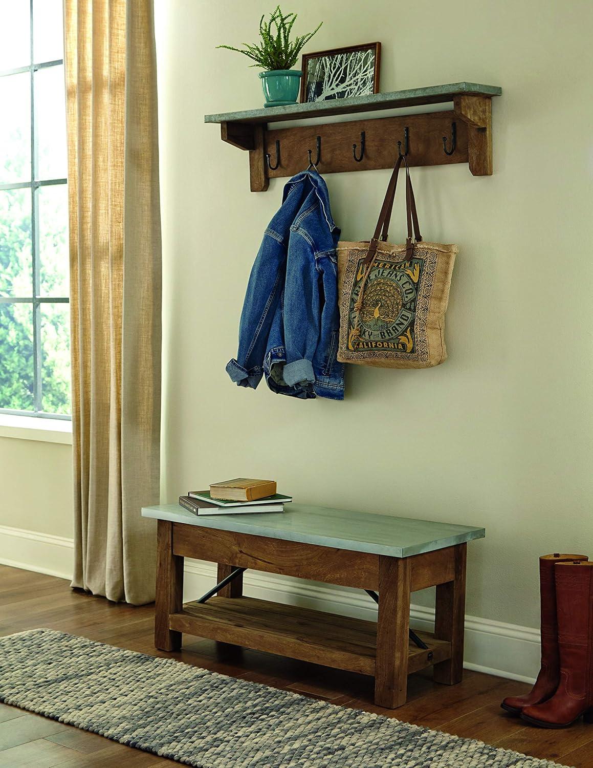 Millwork Hook Shelf Wood and Zinc Metal Silver/Light Amber - Alaterre Furniture: Galvanized Finish, 5 Hooks, Wall Mounted