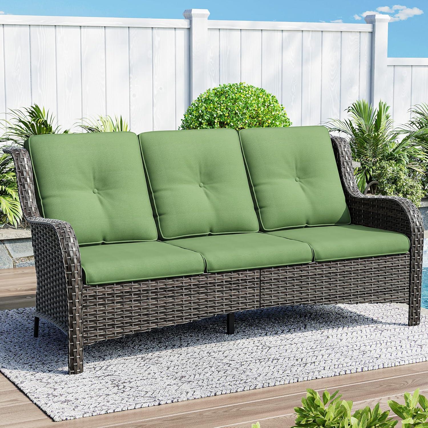 3-Seat Wicker Outdoor Patio Sofa Sectional Couch with Green Cushions