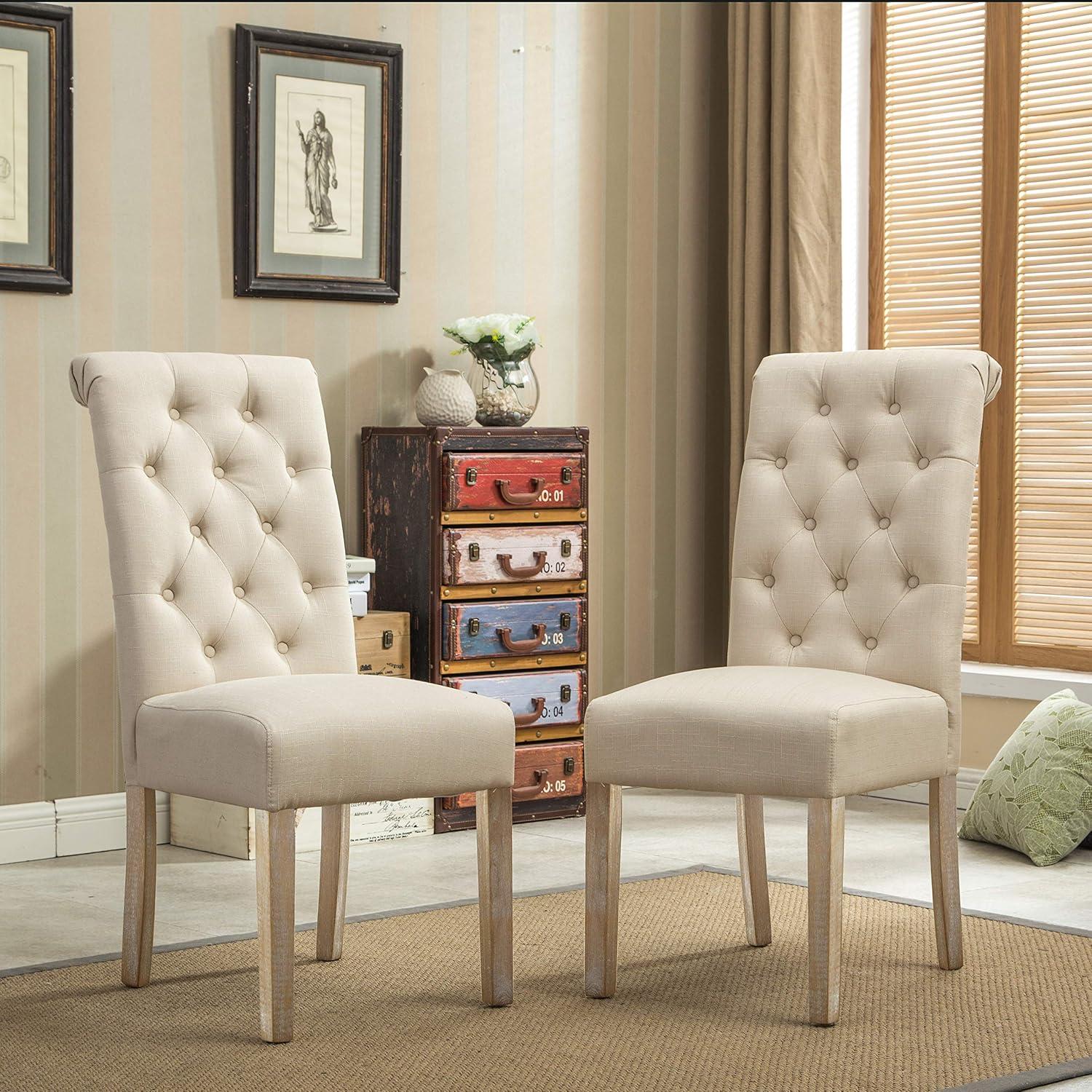Roundhill Furniture Habit Solid Wood Tufted Parsons Dining Chair , Tan, Set of 2