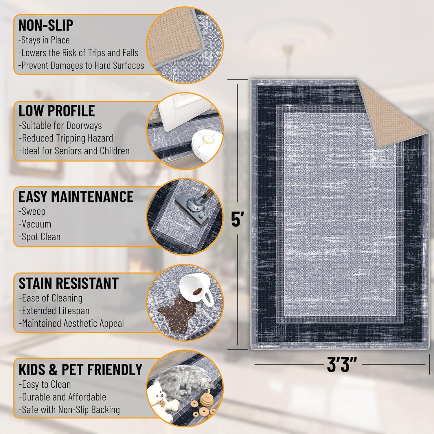 Non-Slip Bordered Area Rug For Living Room, Hallway Runner, Entryway Rug