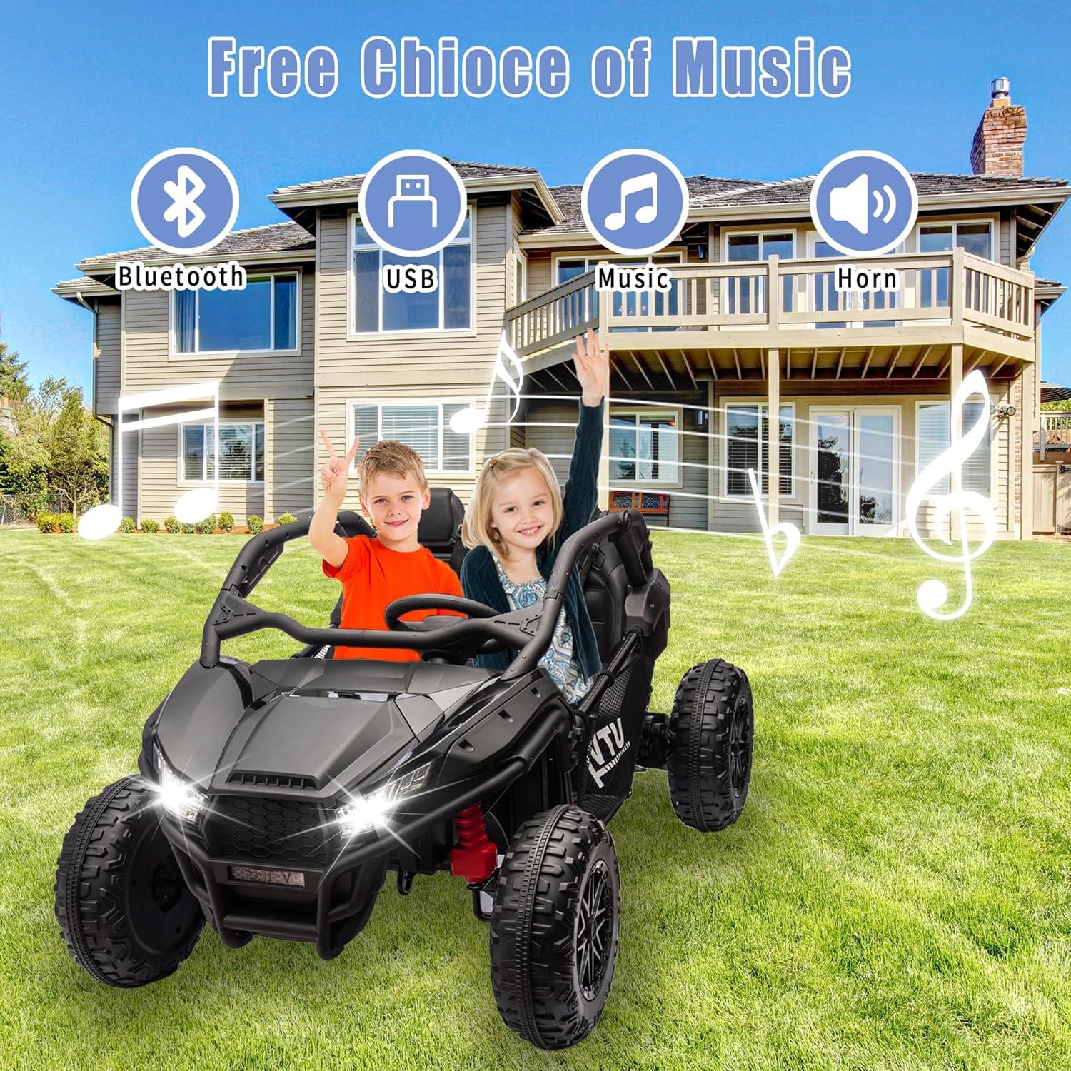 24V 2 Seater Ride on Toys UTV w/Remote Control, 400W Power Engines, Off-Road Kids Electric Vehicles w/20" Spacious Seat, 3 Speeds, Max 6 MPH, Bluetooth, Power Vehicles Wheels for Boys Girls, Black