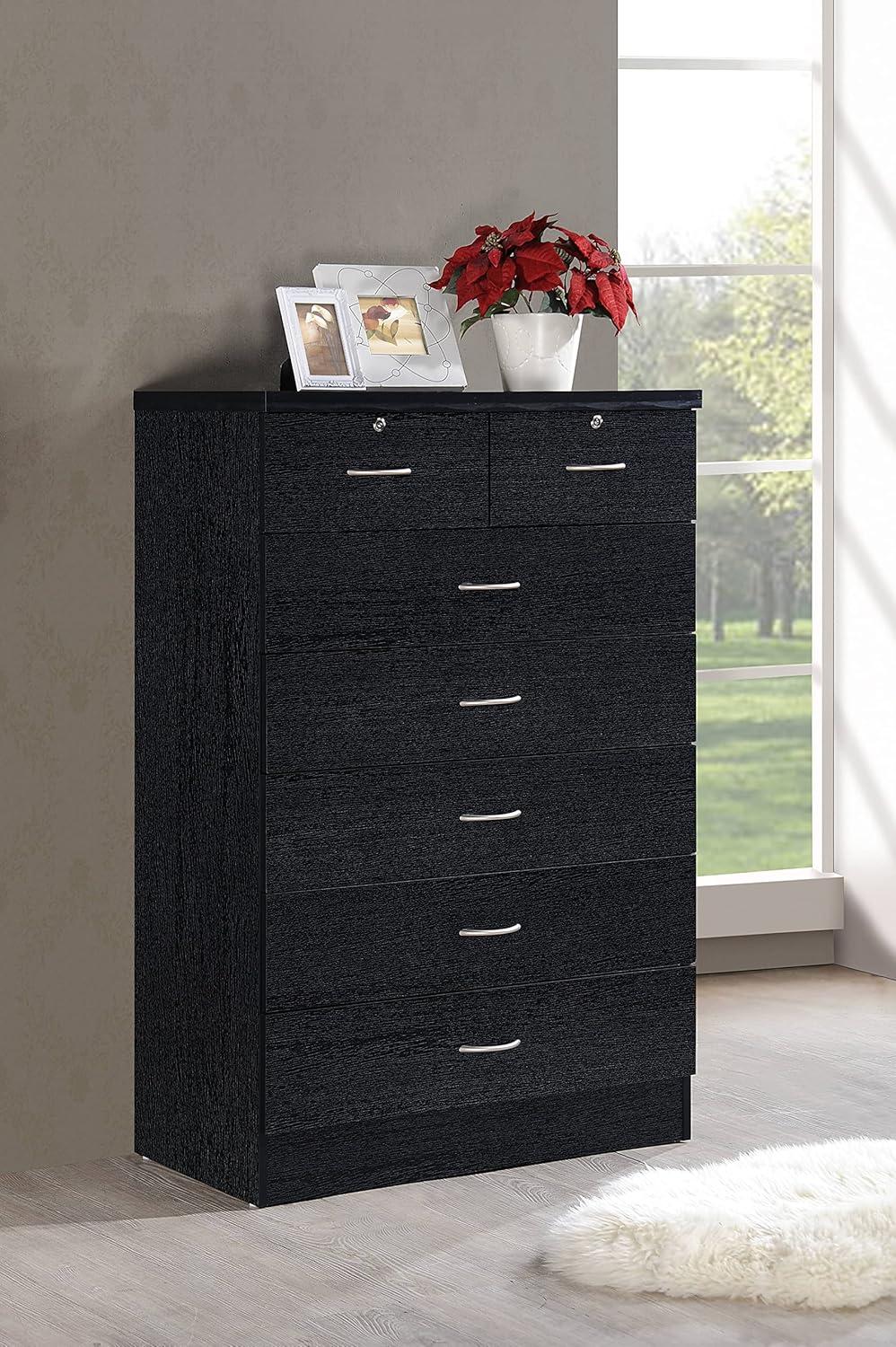 Hodedah 7-Drawer Chest with Locks on 2-Top Drawers in Black