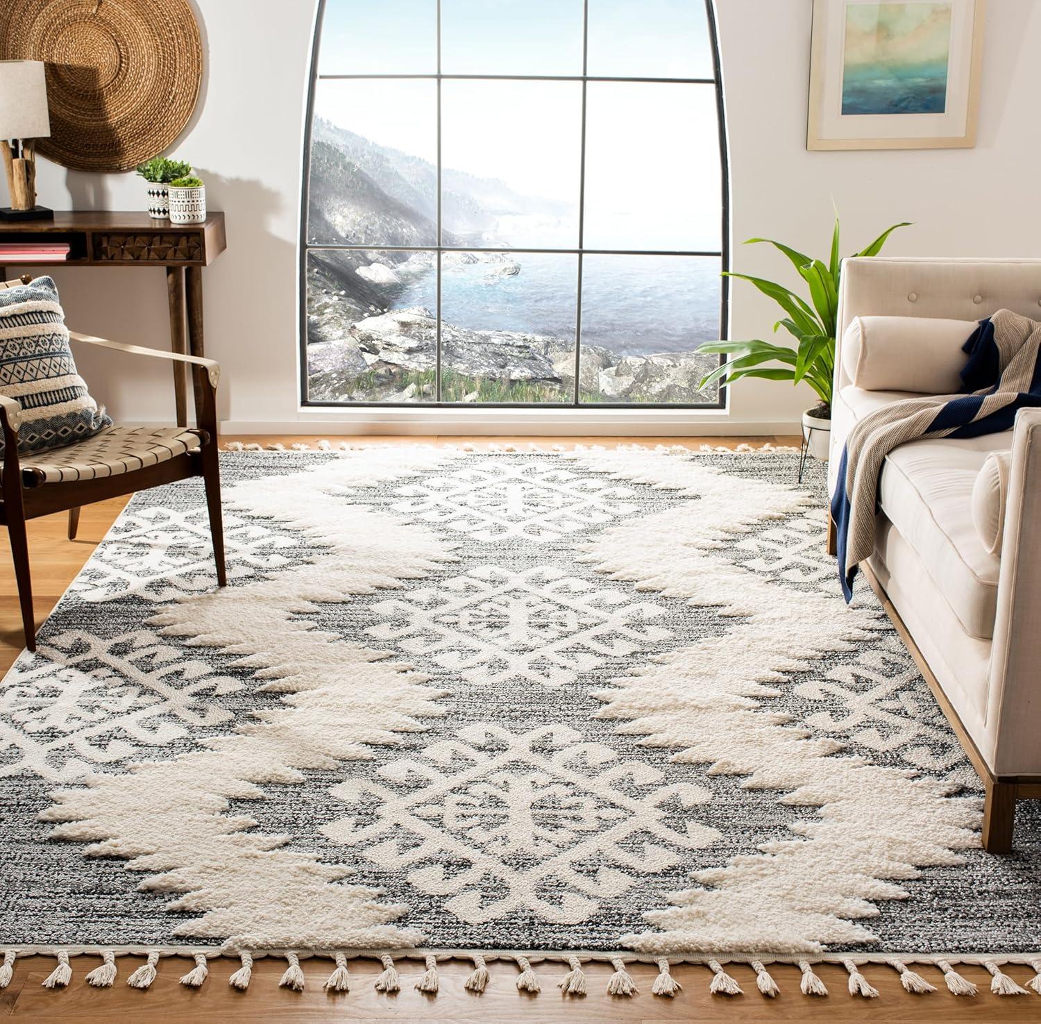 Moroccan Tassel Shag MTS652 Power Loomed Indoor Area Rug - Ivory/Grey - 8'x10' - Safavieh