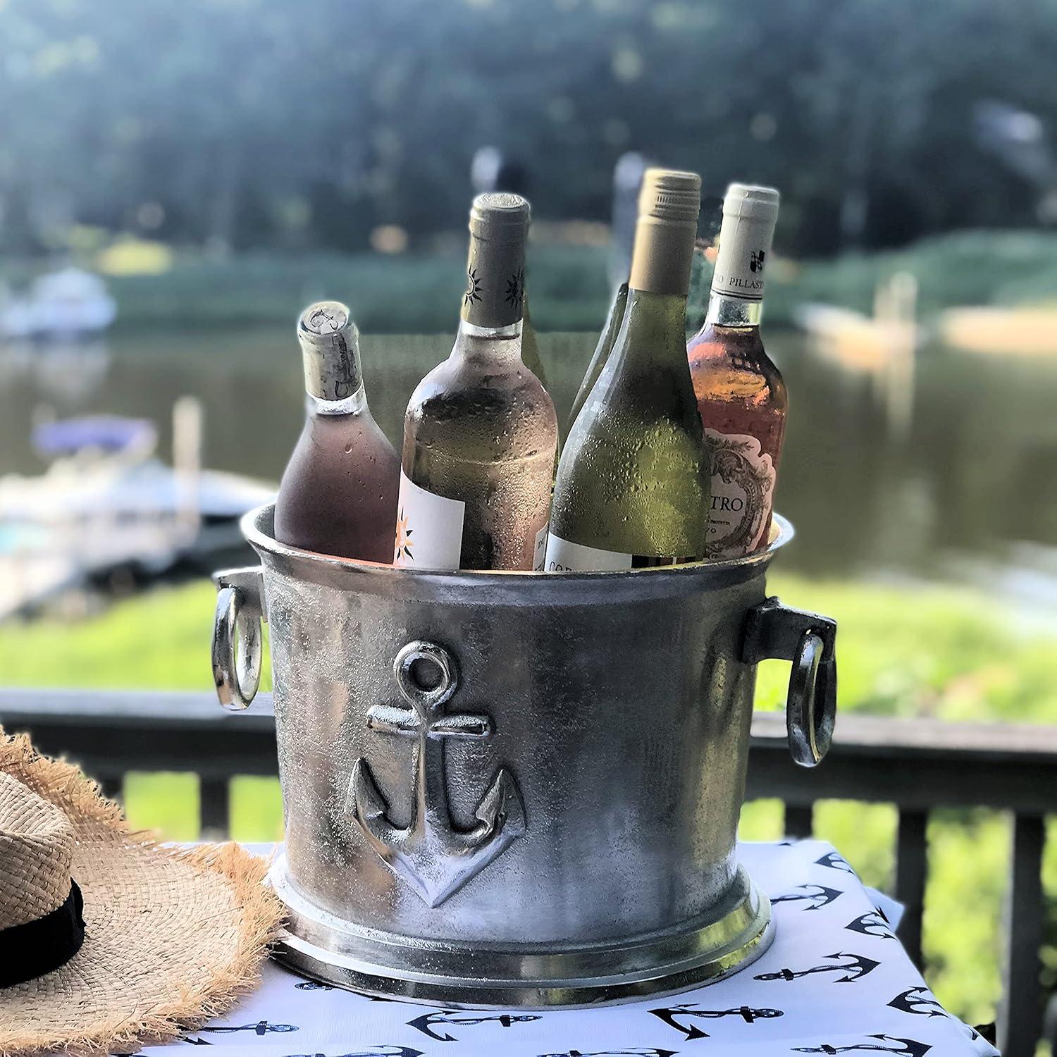 Luxury Champagne Ice Bucket, Elegant Script Text Details, Hand Cast, Silver Aluminum, 18.5 inches