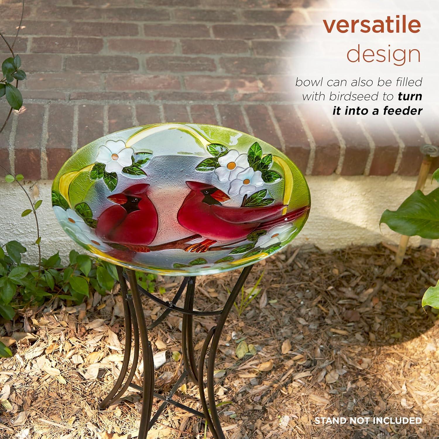 18" Glass Birdbath and Cardinal Bird Red - Alpine Corporation: Weather-Resistant, Freestanding Outdoor Decor