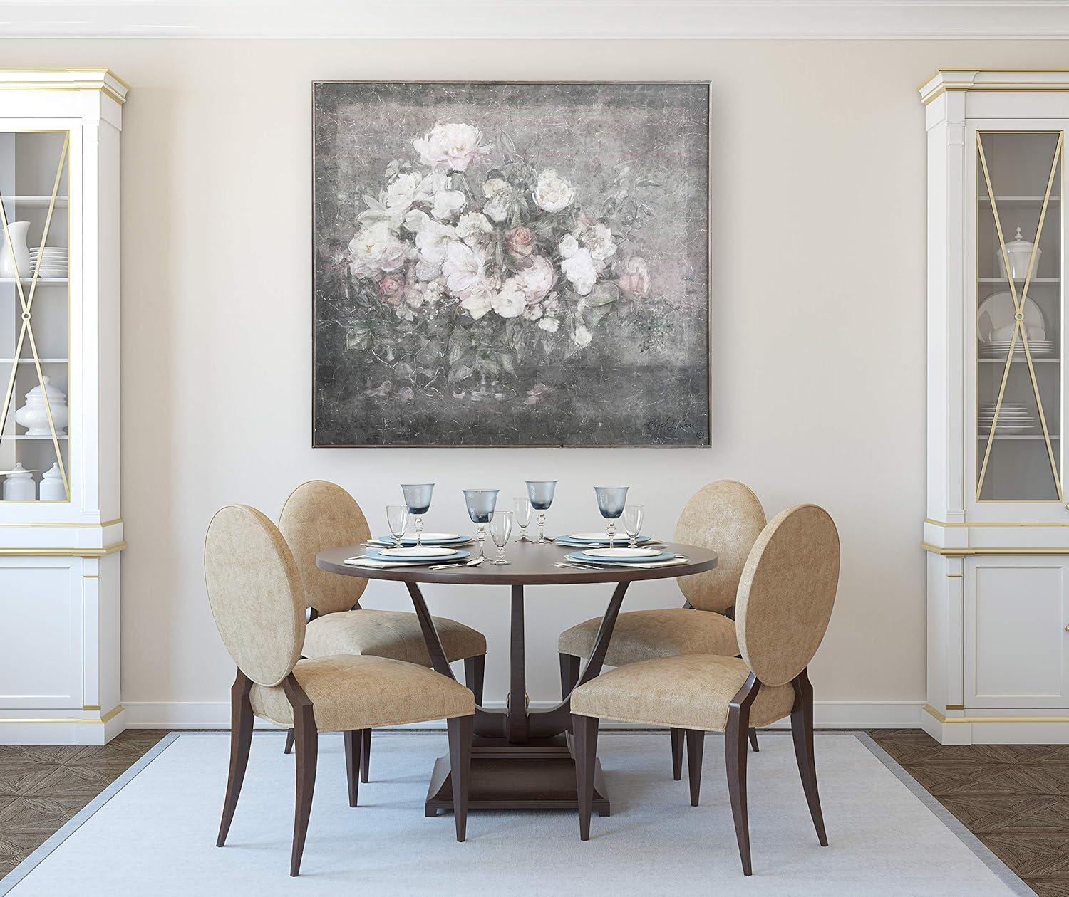 Large Gray and Pink Floral Canvas Painting with Distressed Wood Frame