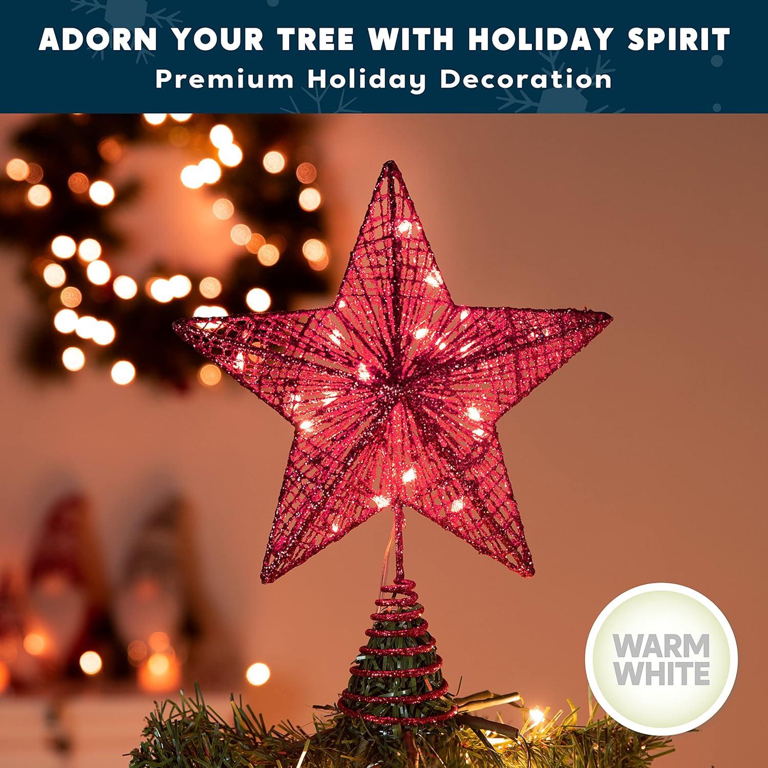 Red Glitter Metal Star Christmas Tree Topper with LED Lights