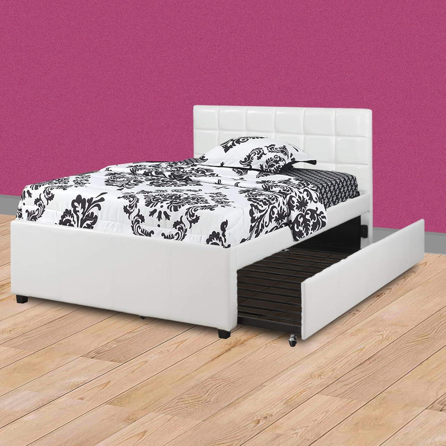 Gracious Wooden Full Bed With Trundle And SQU Tufted HB, White