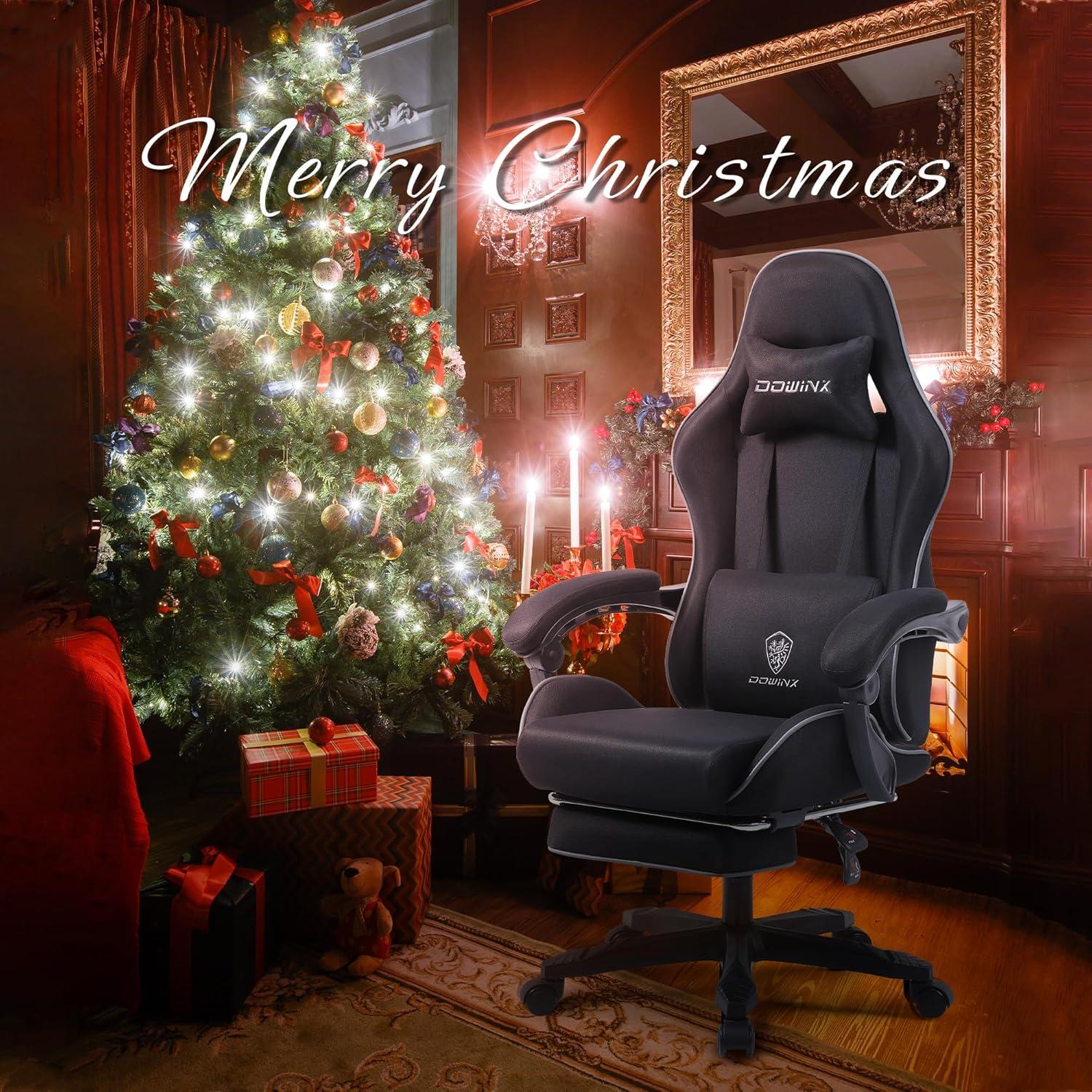 Dowinx Fabric Gaming Chair with Pocket Spring Cushion, Ergonomic Computer Chair with Footrest, Cloth Gamer Chair with Massage Lumbar Support and Headrest, Black