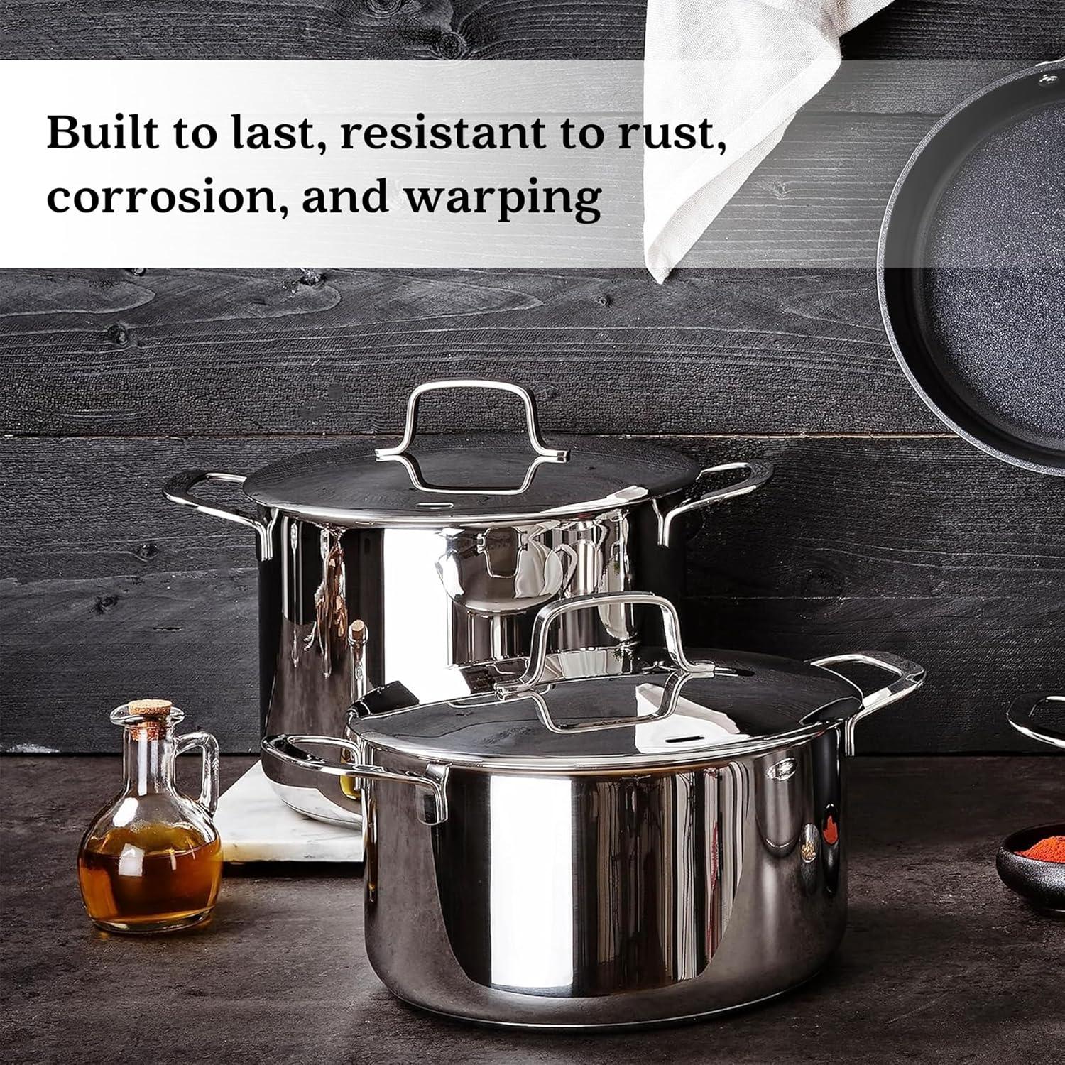 Alva Maestro 8 Qt. Stainless Steel Stock Pot with Lid Scratch Resistant Non-Toxic PFAS Free Compatible with All Stovetops Oven Safe & Induction Safe