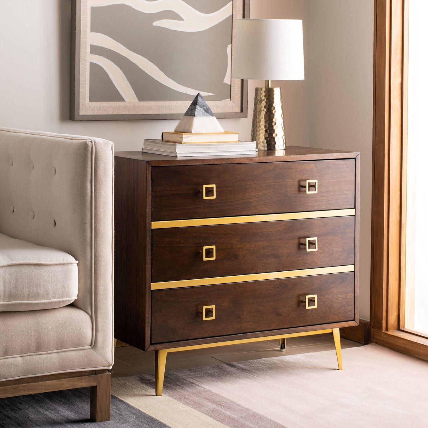 Katia Transitional Walnut 3-Drawer Chest with Gold Accents