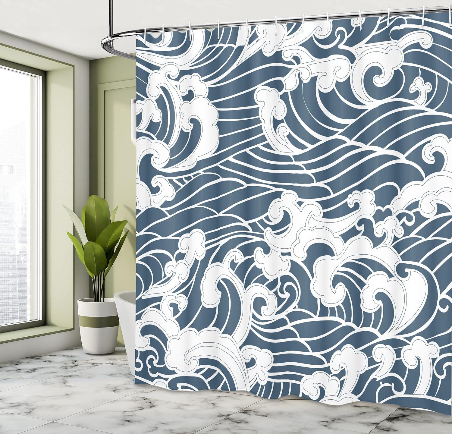 Slate Blue and White Japanese Wave Fabric Shower Curtain