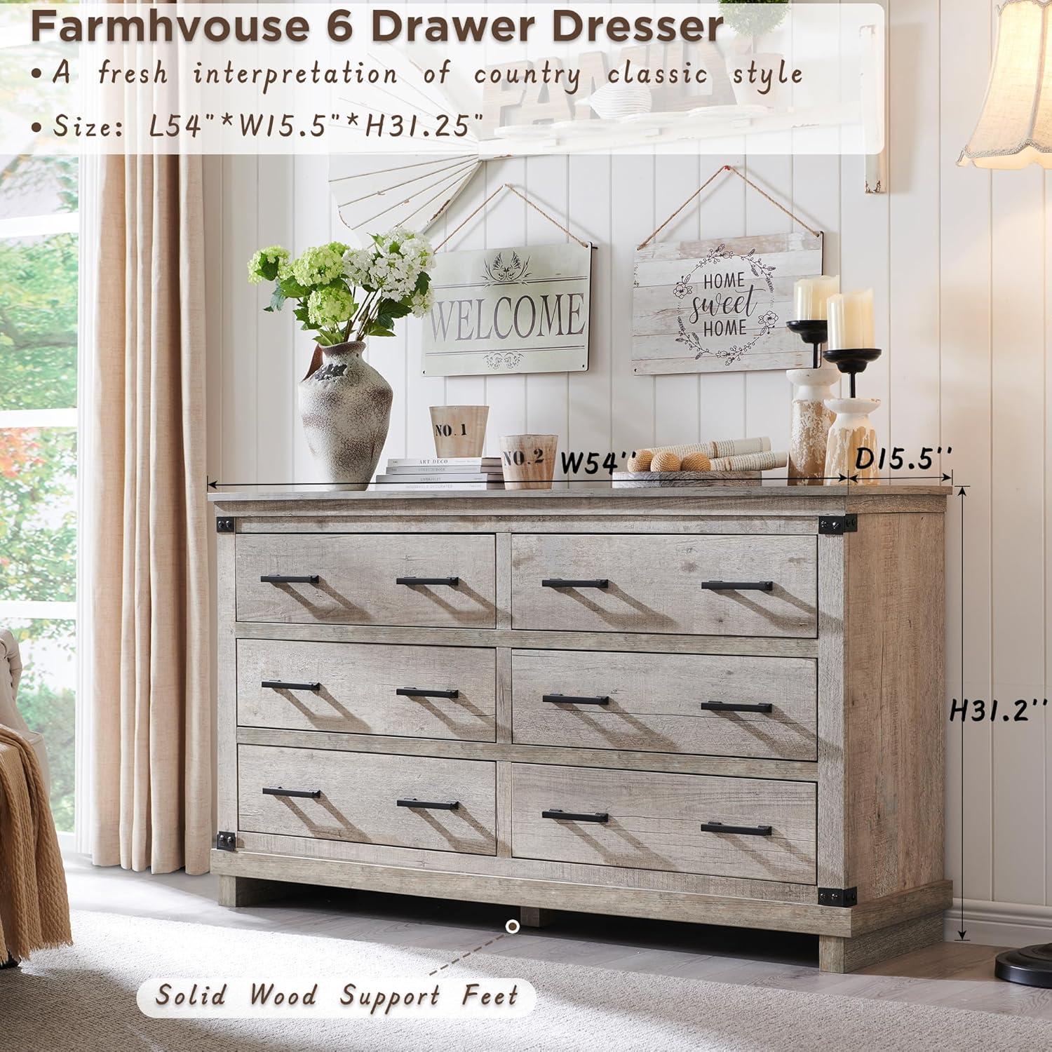 Farmhouse 6 Drawers Dresser, Large Wood Chest of Drawers with Handle for Bedroom, Living Room, Light Rustic Oak