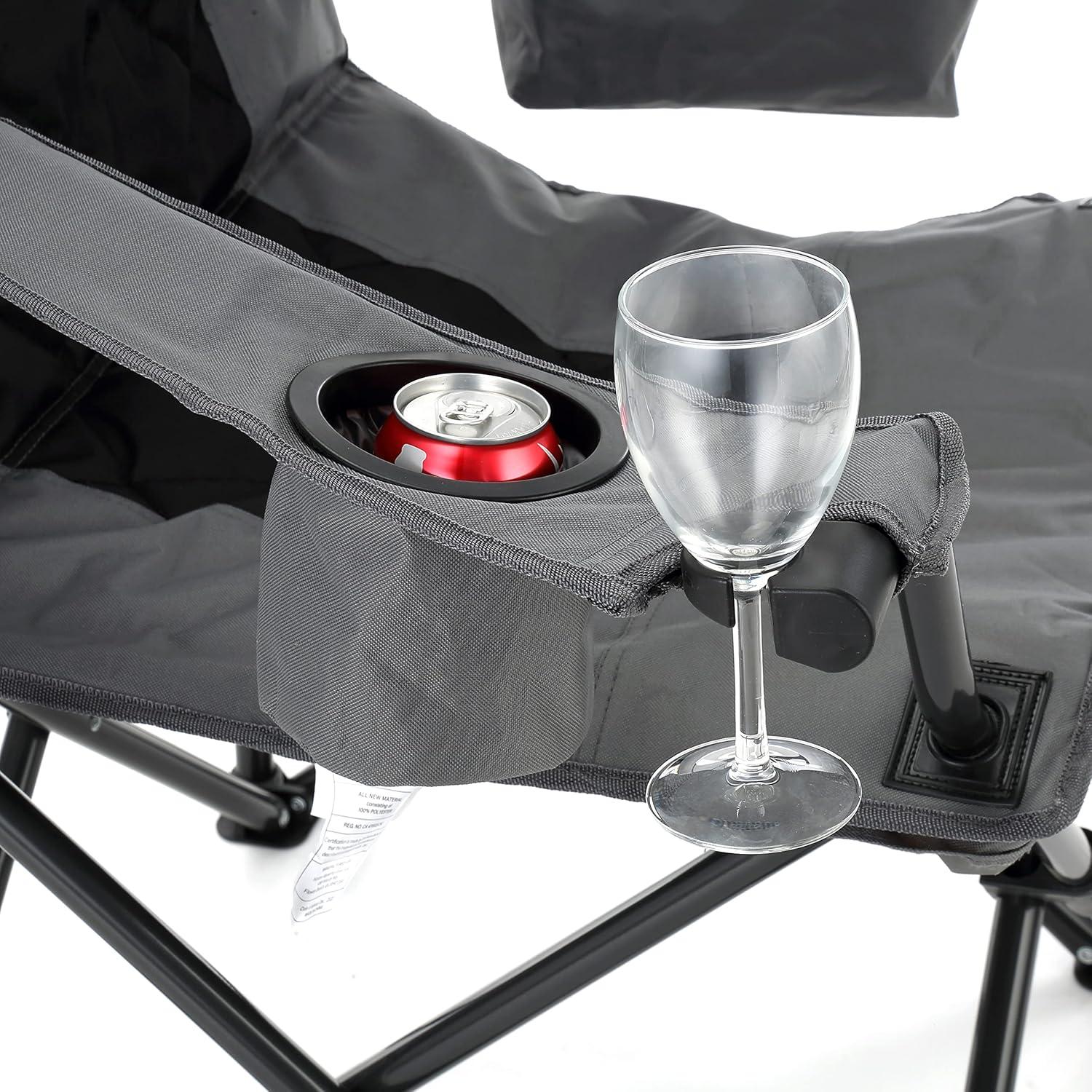 ARROWHEAD OUTDOOR Folding Camping Quad Chair w/ 6-Can Cooler, Cup & Wine Glass Holders, w/ Carrying Bag, Gray