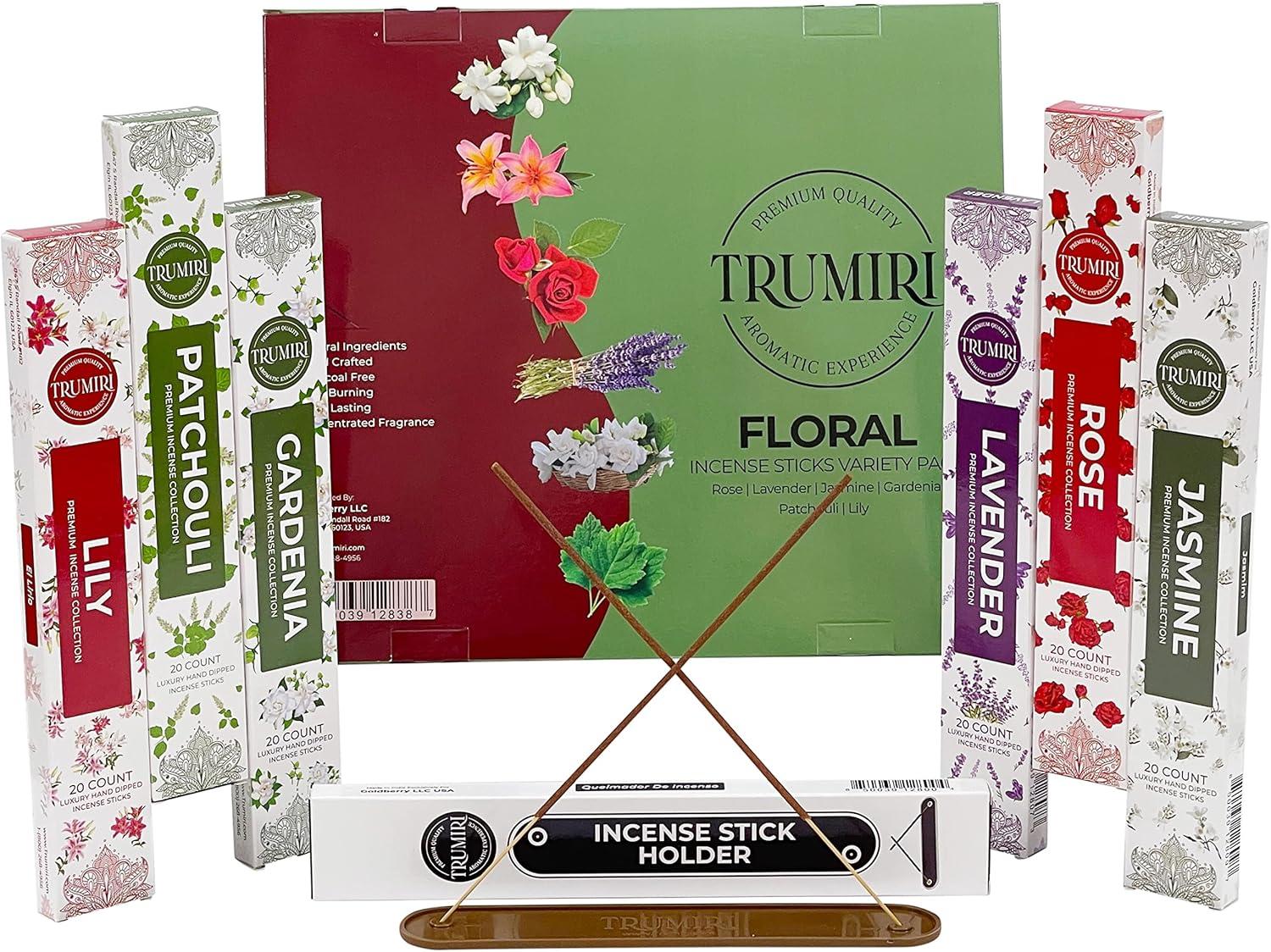 Trumiri Floral Incense Sticks Variety Pack & Incense Burner - Gift Set - 120 Inciensos Aromaticos (6 fragrances x 20 pieces each) - Rose, Lavender, Jasmine, Gardenia, Patchouli, Lily