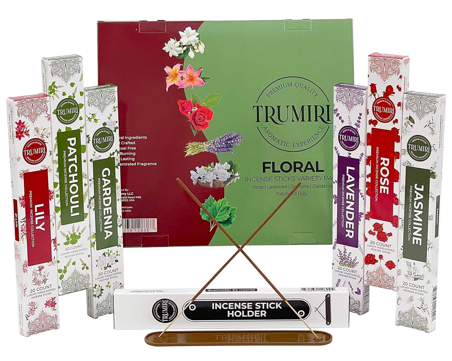 Trumiri Floral Incense Sticks Variety Pack & Incense Burner - Gift Set - 120 Inciensos Aromaticos (6 fragrances x 20 pieces each) - Rose, Lavender, Jasmine, Gardenia, Patchouli, Lily
