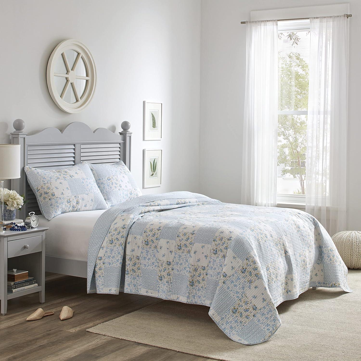 Laura Ashley Kenna Cotton Reversible Blue Quilt Set