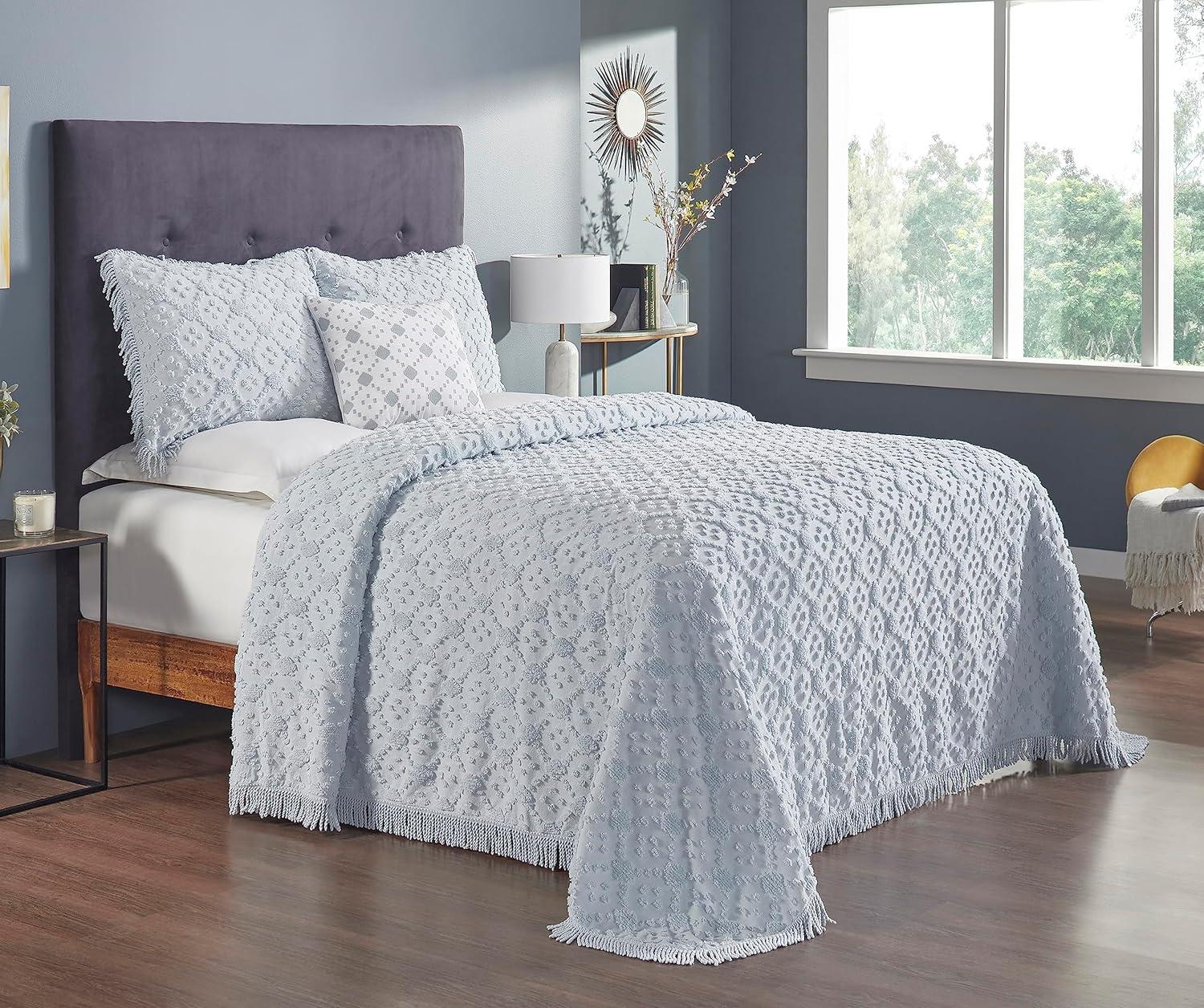 Better Trends Charleston Collection 100% Cotton Bedding sets, Machine Washable Soft and Breathable 4-piece Chenille Bedspread & Sham with Geometric Embroidery, All season