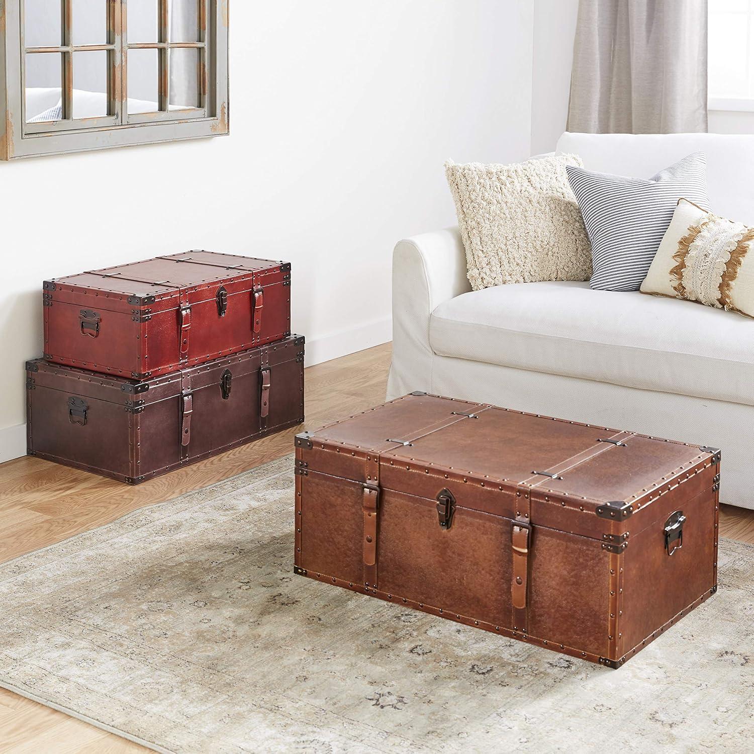 DecMode Rustic Wood Stacked Style Storage Trunk, Set of 3 32", 29", 26"W with Red, Taupe Brown, and Tan Finish