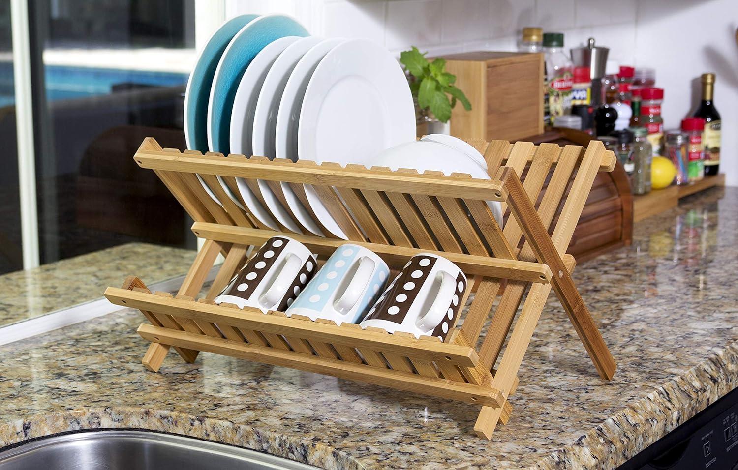 Foldable Bamboo Lightweight Dish Rack in Natural Finish