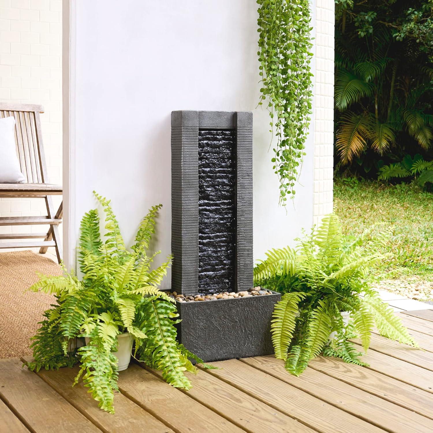 Wrought Studio™ Outdoor Water Fountain for Garden, Patio or Backyard-Freestanding Stone Design with Waterfall Feature & LED Lights