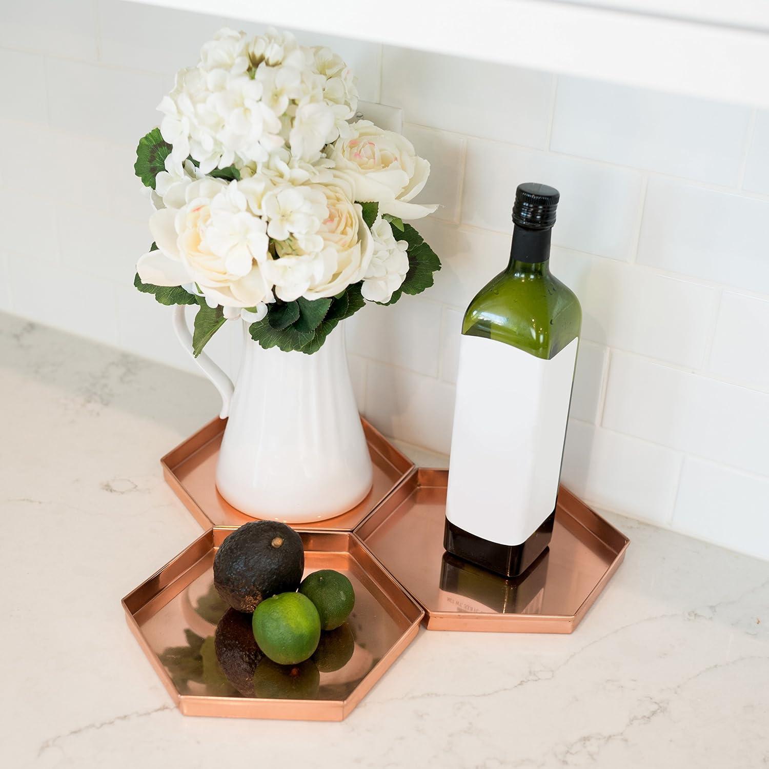 9" 3pc Decorative Hexagonal Stainless Steel Trays Copper Plated Finish - ACHLA Designs: Handmade, Rolled Edges, Indoor/Outdoor Use