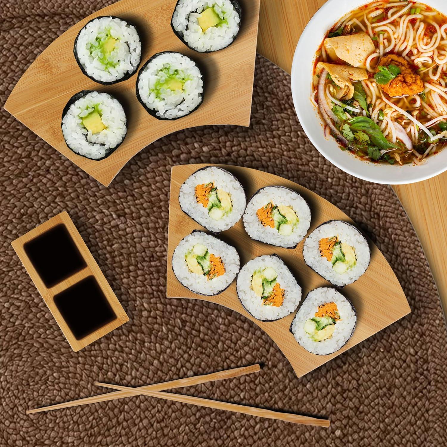 BambooMN Bamboo Sushi Board Tray, Chopsticks and Compartment Sauce Dish, 11.6" Fan - 2 Sets