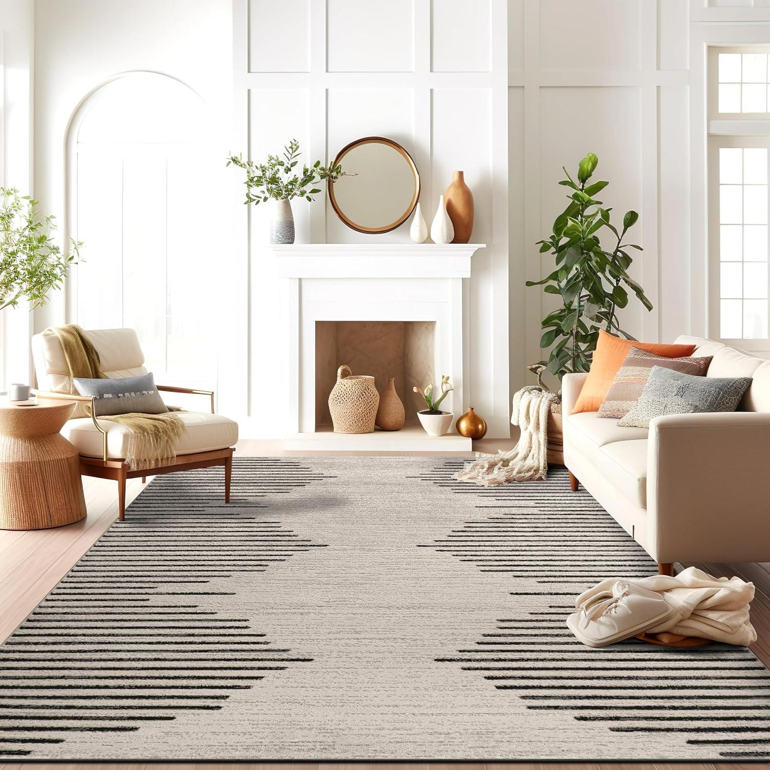 Cream and Black Geometric Stripe Synthetic Area Rug 7'10" x 10'