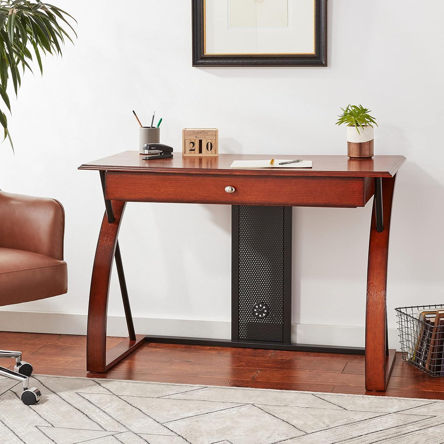 Medium Oak and Black Wood Workstation Desk with Keyboard Tray