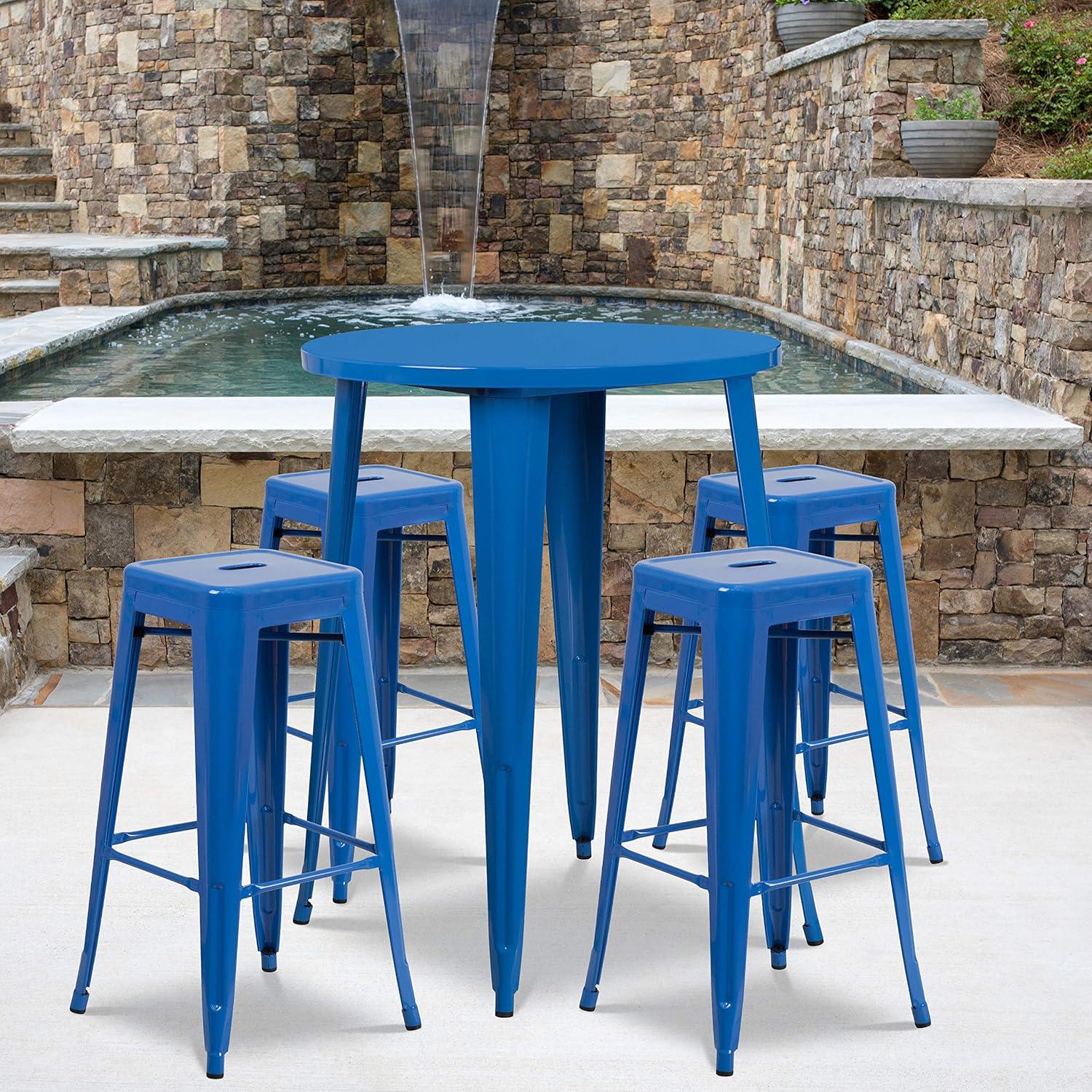 Flash Furniture Commercial Grade 30" Round Blue Metal Indoor-Outdoor Bar Table Set with 4 Square Seat Backless Stools