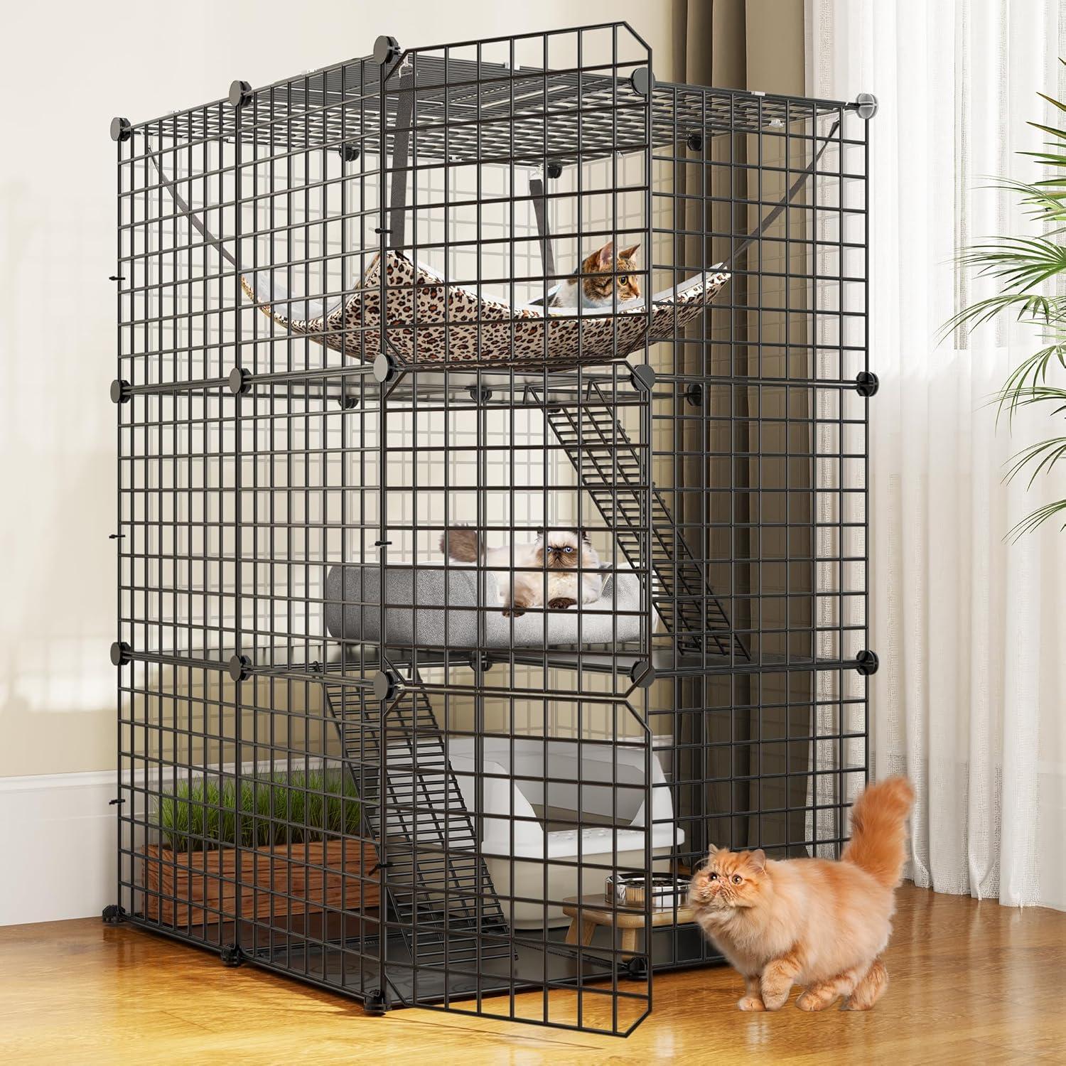 YITAHOME Cat Cage Indoor Catio DIY Cat Enclosures Metal Cat Playpen 3-Tiers Kennels Pet Crate with Extra Large Hammock for 1-2 Cats, Rabbit