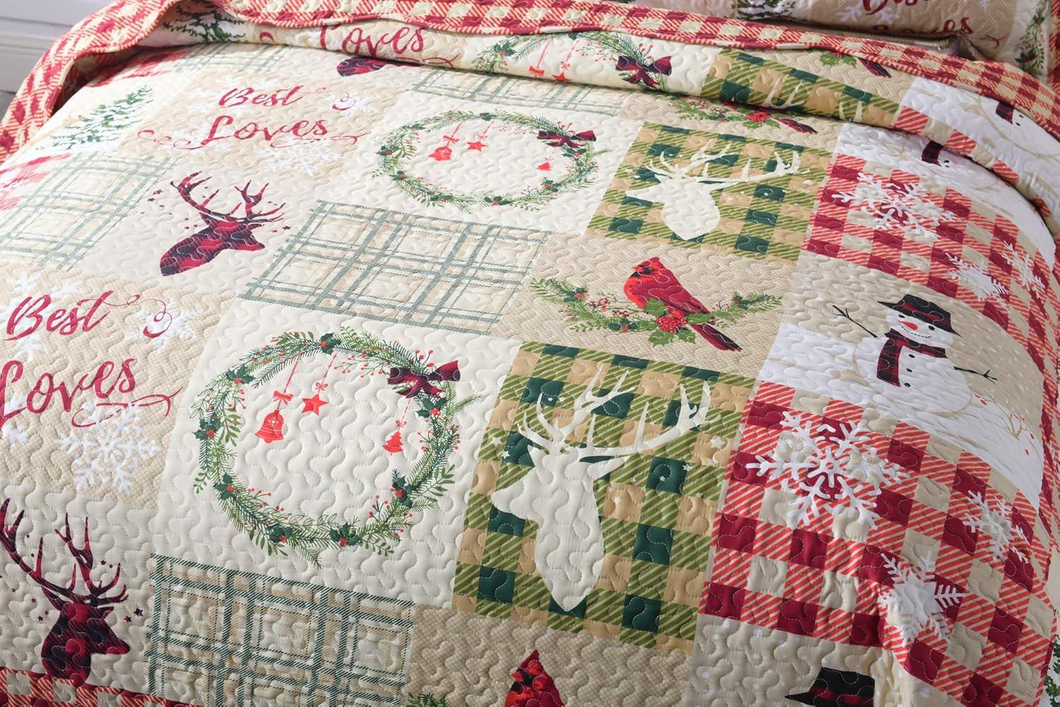 Christmas Quilt Set, Reversible Bedspread Coverlet, Lightweight Bed Cover, 1 Quilt 2 Pillow Shams