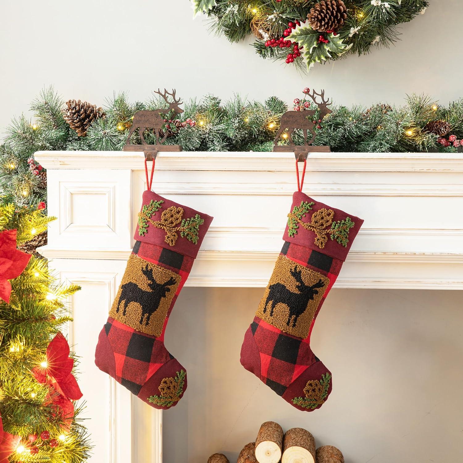 6.5" Brown and Green Unique Wooden Reindeer Stocking Holder