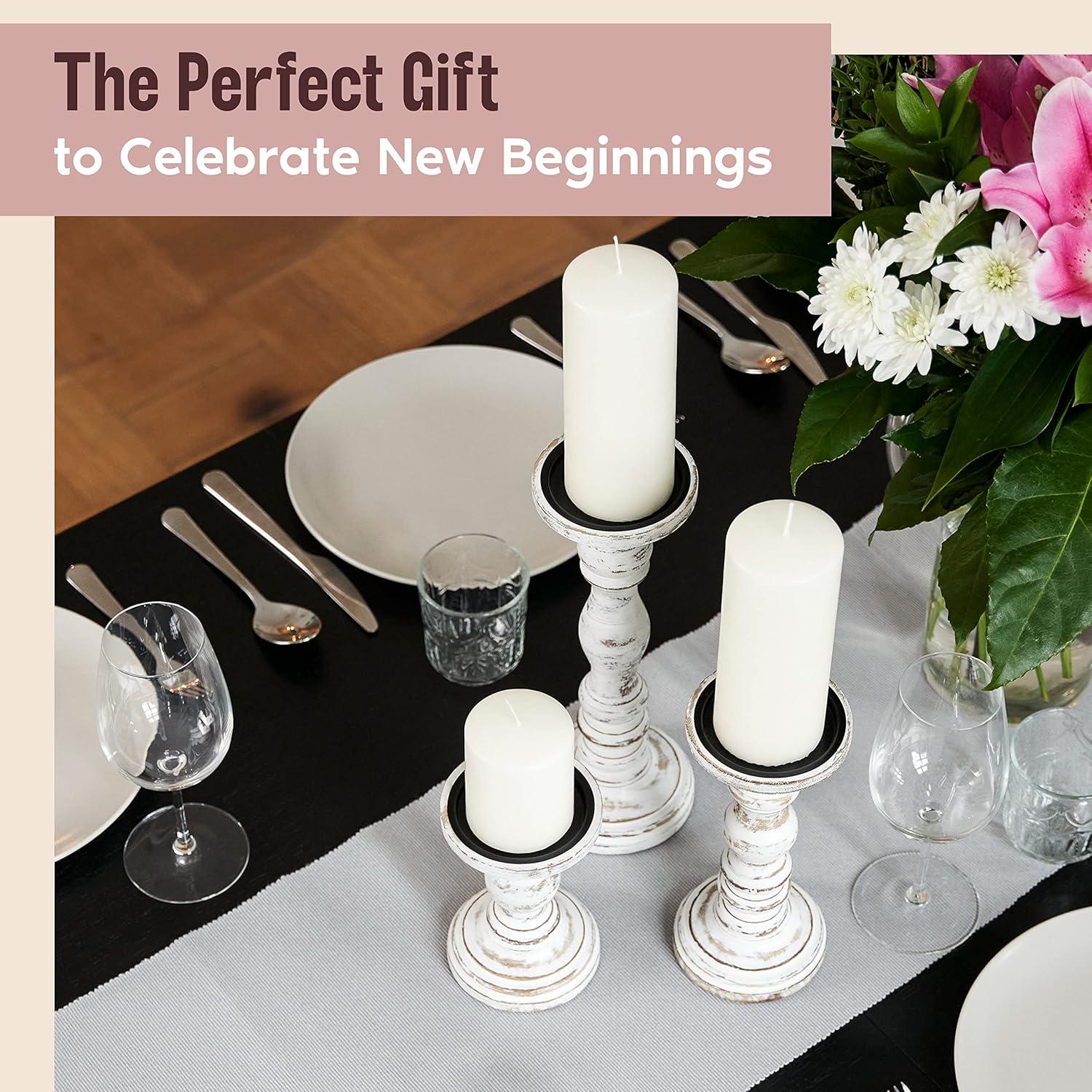 12'' Handcrafted Mango Wood Pillar Candle Holder Set – Rustic 3-Piece Set for LED Candles