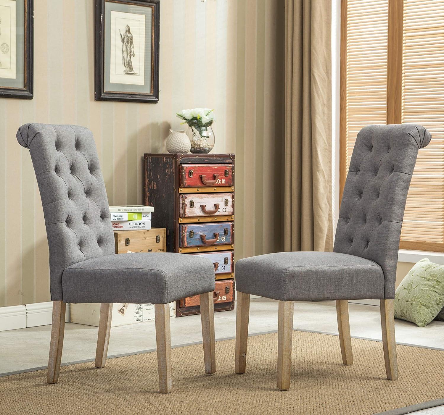 Roundhill Furniture Habit Solid Wood Tufted Parsons Dining Chair, Grey, Set of 2