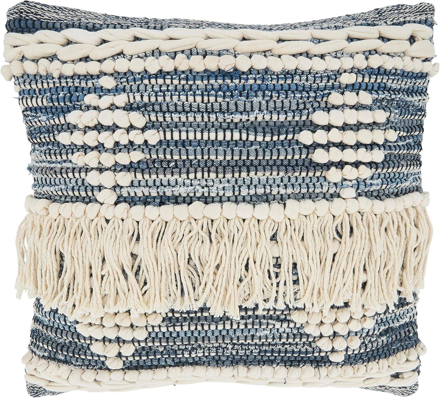 Blue Cotton Chindi Fringe Euro Pillow Cover