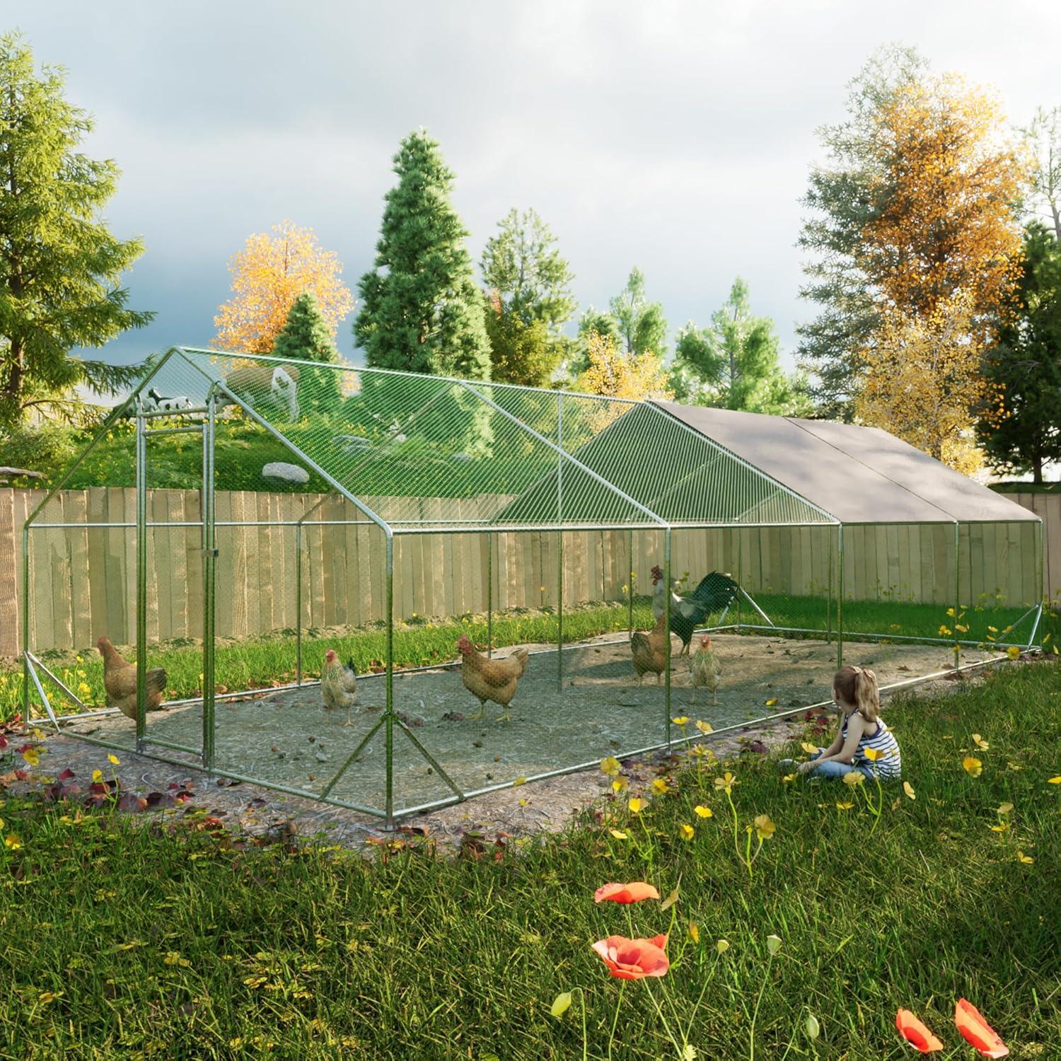 Outdoor Metal Chicken Coop Large Walk-in Poultry Cage Spire-Shaped Chicken Run with Waterproof and Anti-Ultraviolet Cover for Outside,Backyard and Farm ,13' L x 9.8' W x 6.4' H