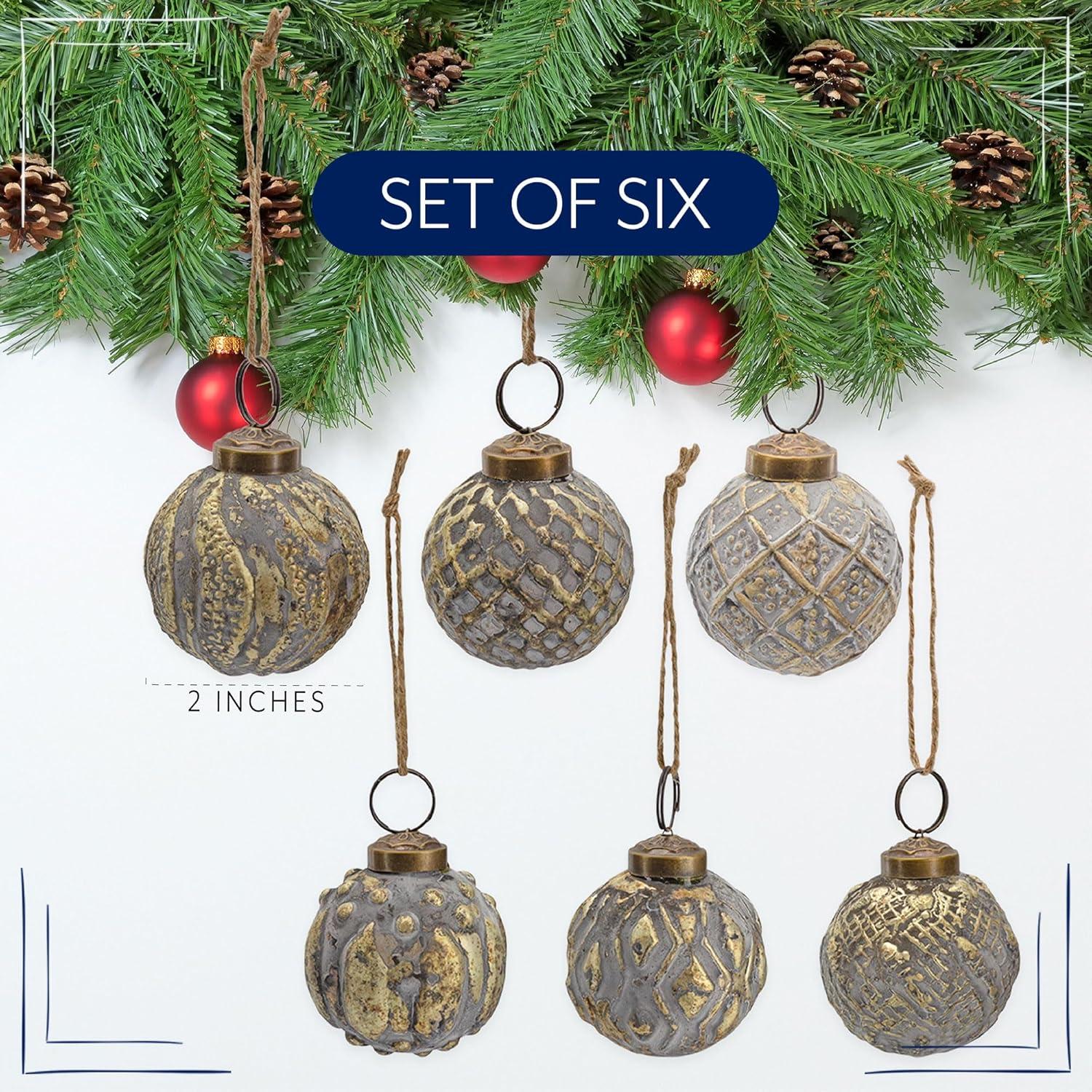 AuldHome 2" Farmhouse Ball Ornaments, Set of 6; Distressed Metal Tin Glass Ball Vintage Style Christmas Decorations