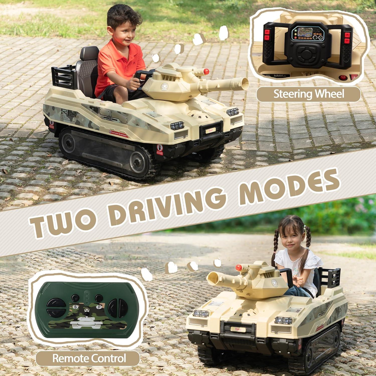 Jaxpety 24 V Kids Ride on Tank Car with Working Cannon and Rotating Turret for Boys and Girls Ages 3-8 Years, Yellow